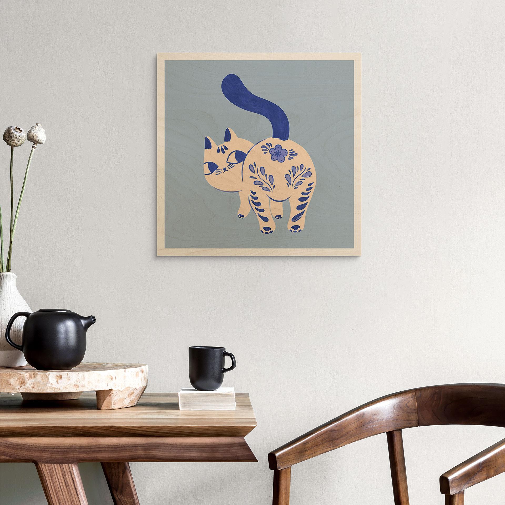 Holzbild Porzellan Katze Delfter Blau - Cantwell - Quadratisch