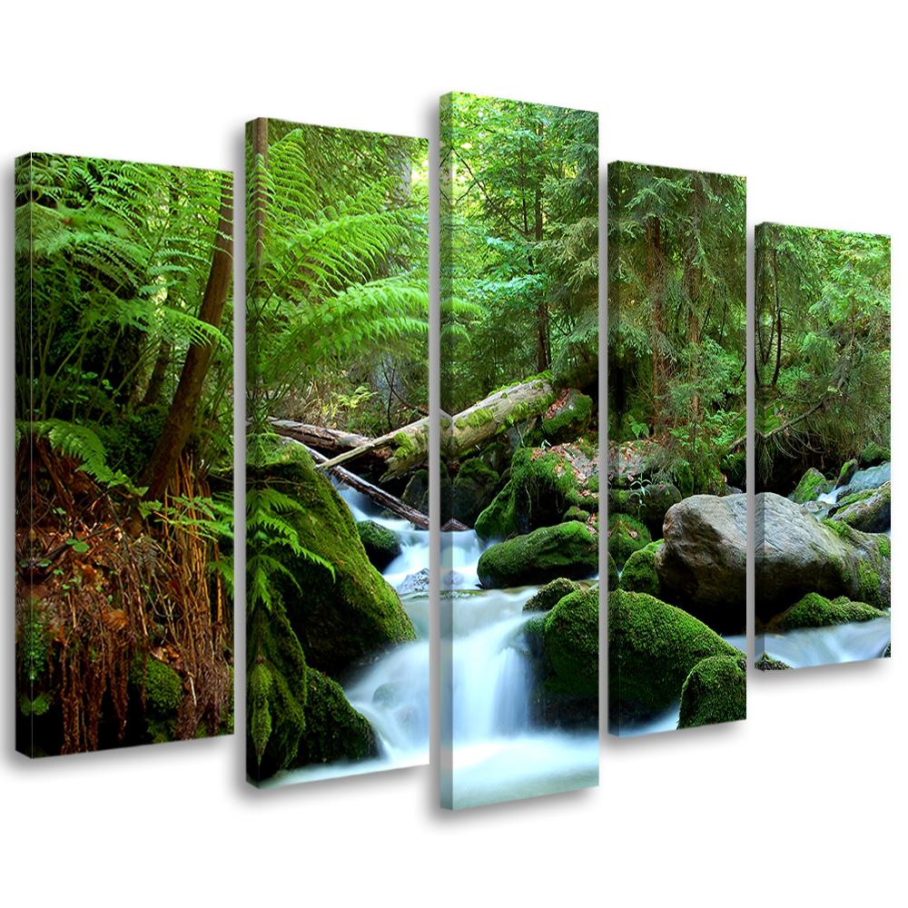 5 stykke lærred Print Forest Rocks Vandfald