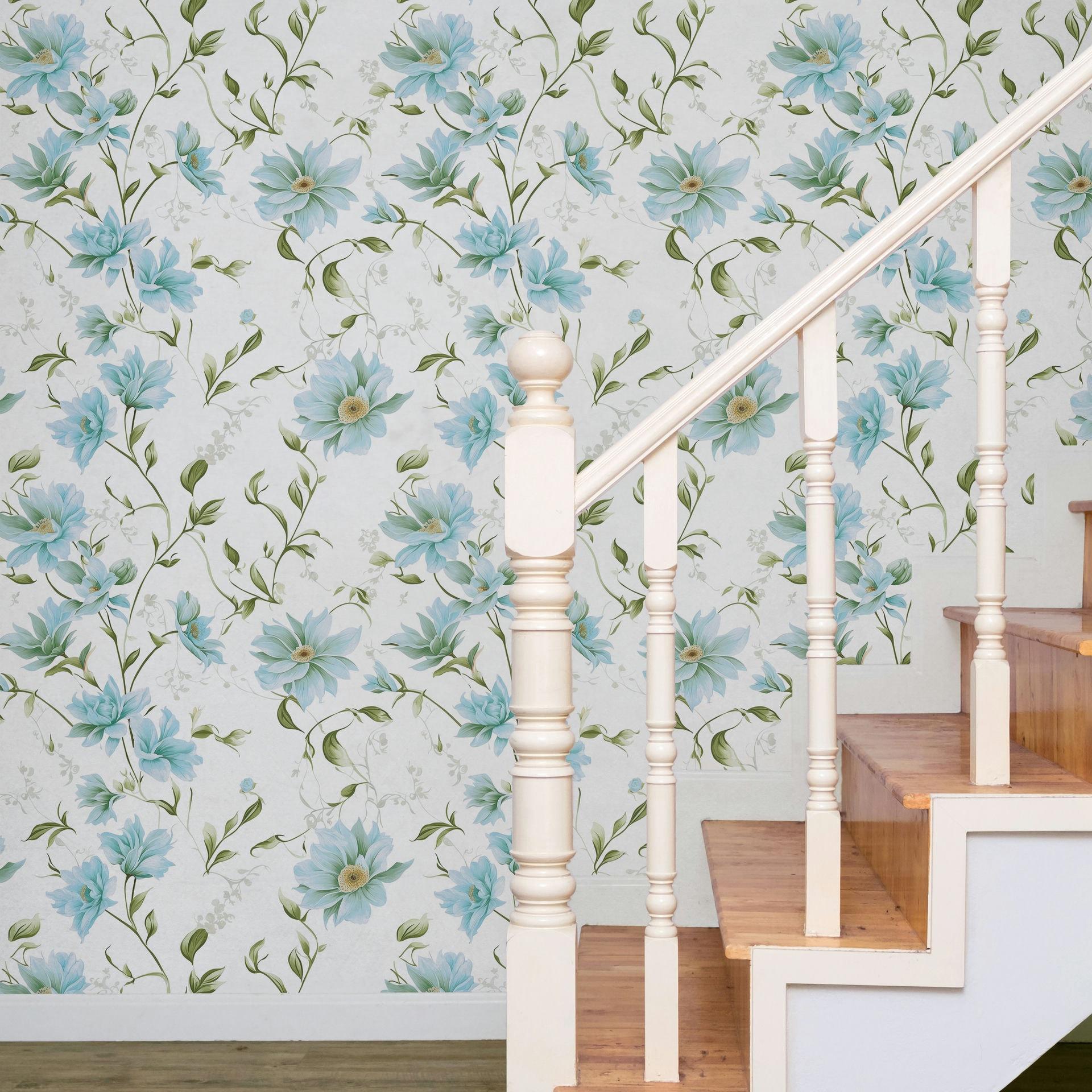Vliestapete Blumen, Blätter Floral Natur matt in Weiß Grün Blau