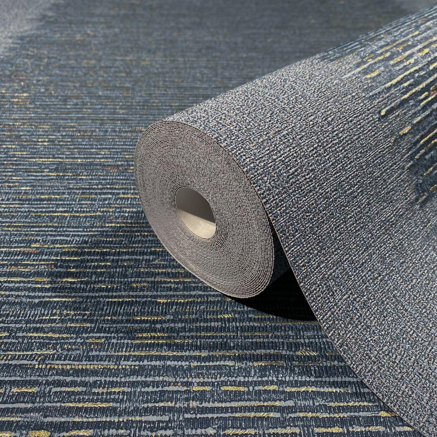 Vliesbehang met strepen en fijne lijnen blauw, grijze textuur