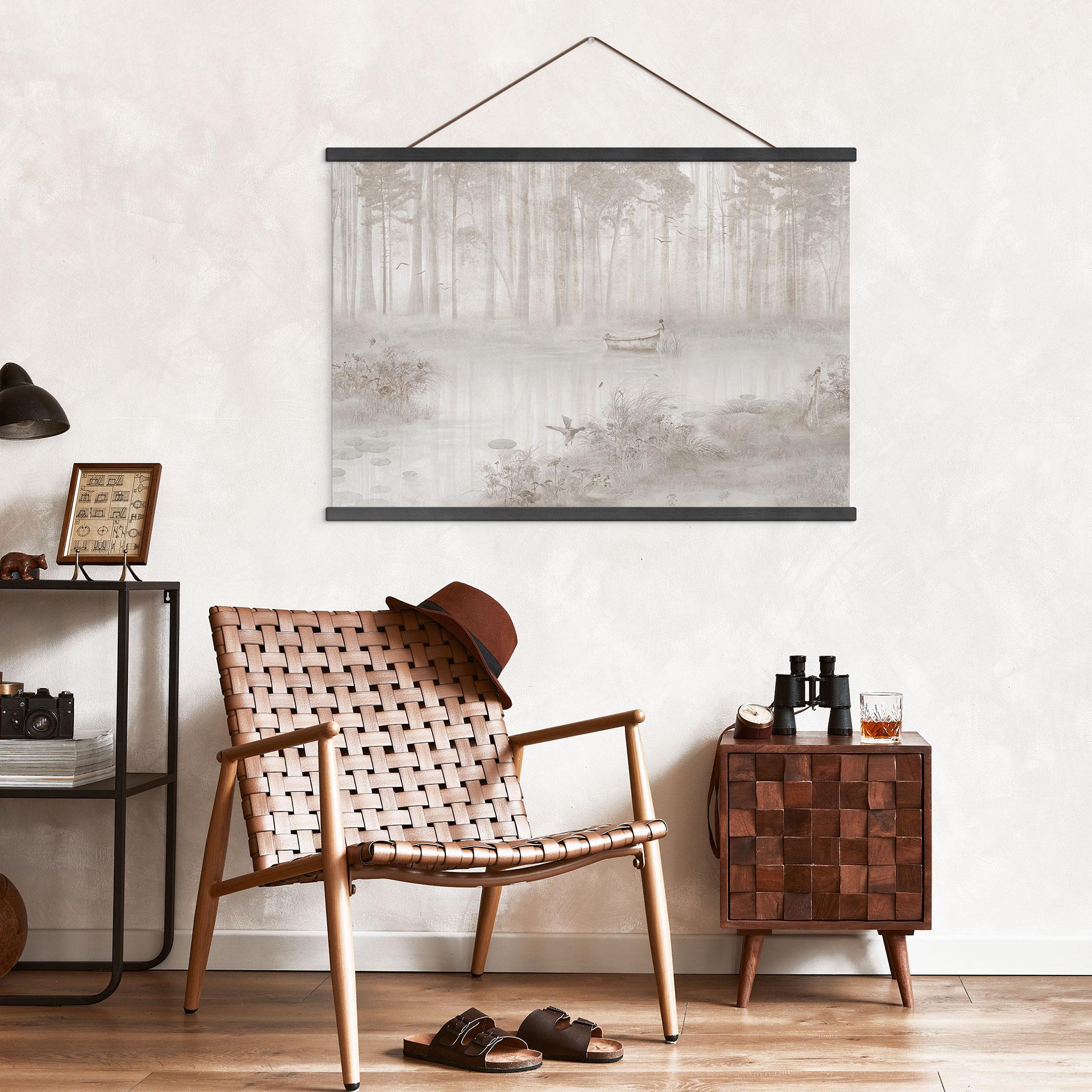 Stoffbild Wald am See im Nebel in Beige - Ms Tiff