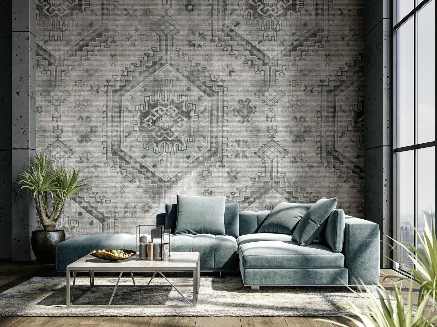 Fotomurale con motivo de alfombra oriental vintage en gris en estilo étnico moderno 2,7 x 2,12 m