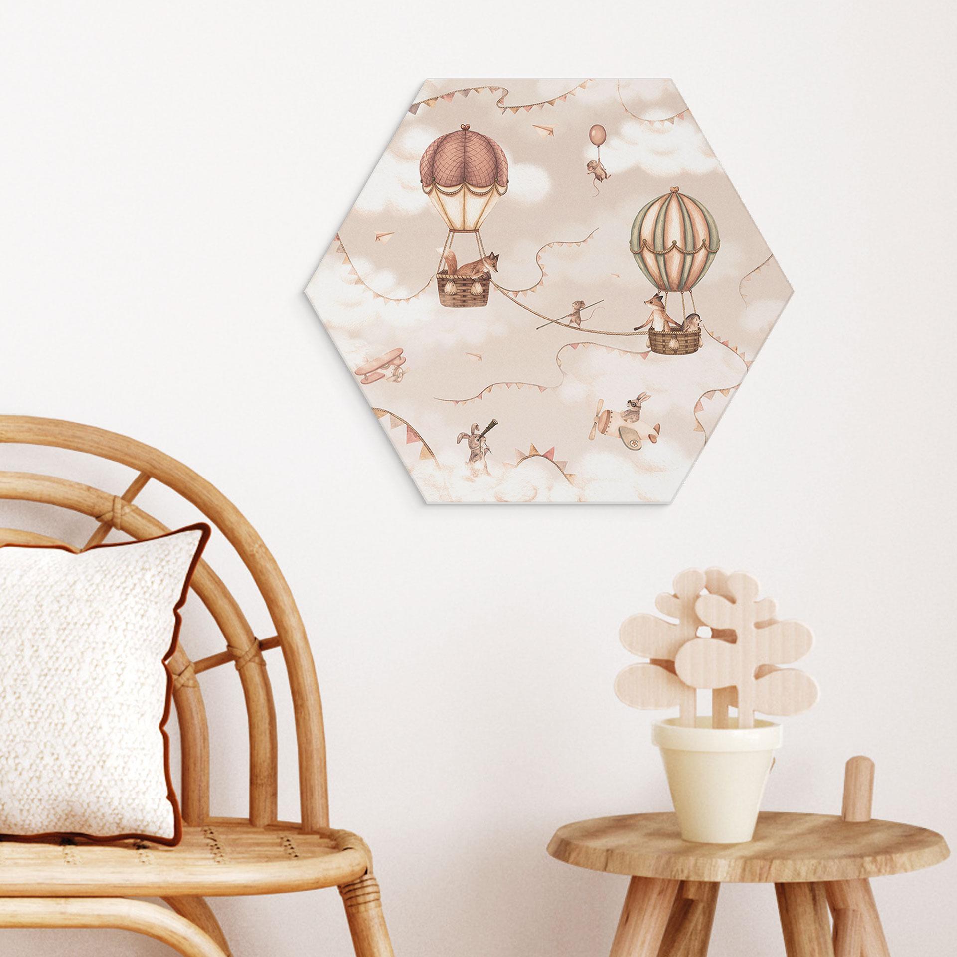 Hexagon Billede Dyreeventyr med Luftballon - Oliver Robins - Alu-Dibond