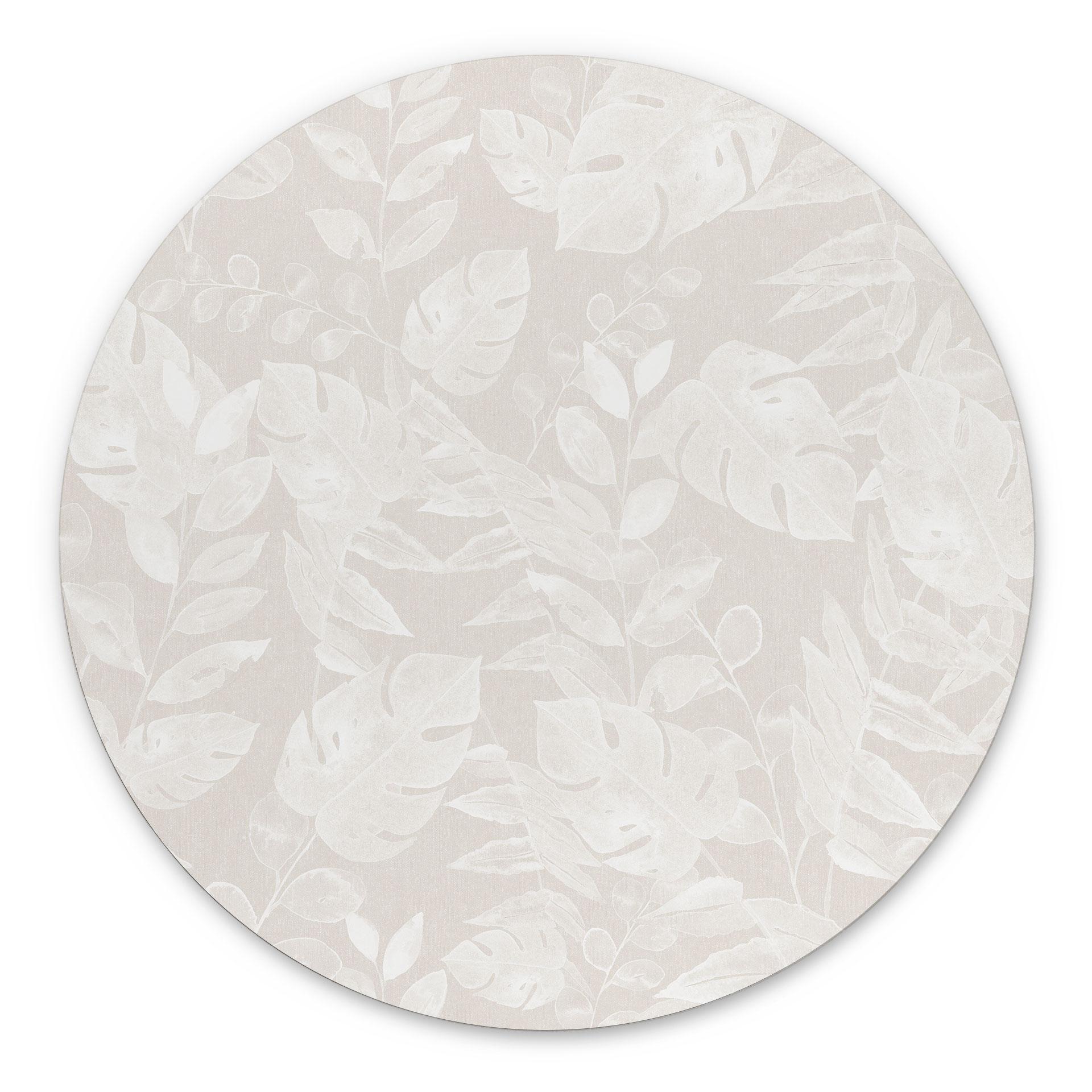Tropiske blade beige - blomsterdekoration - rund – print på aluminium (Alu-Dibond)