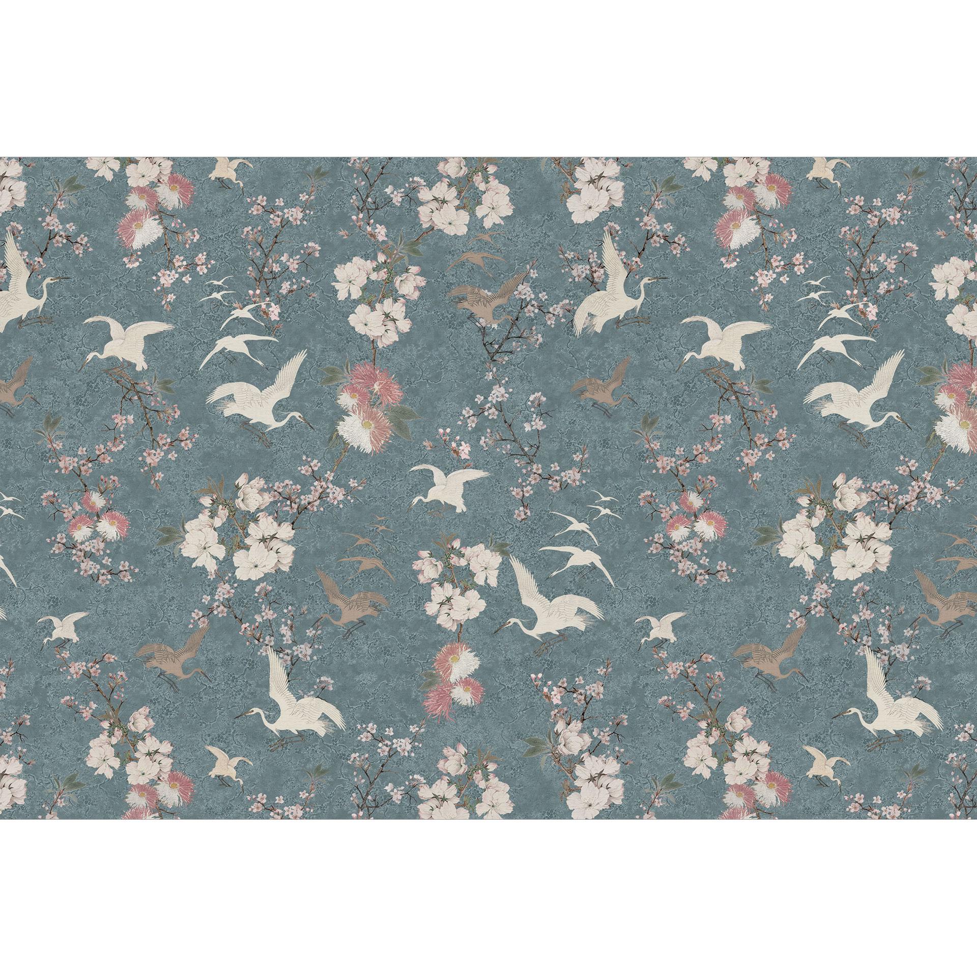 Japandi Stijl Fotobehang - Kraanvogels in Kersenbloesem Rush Blauw - Bloeiende Decor