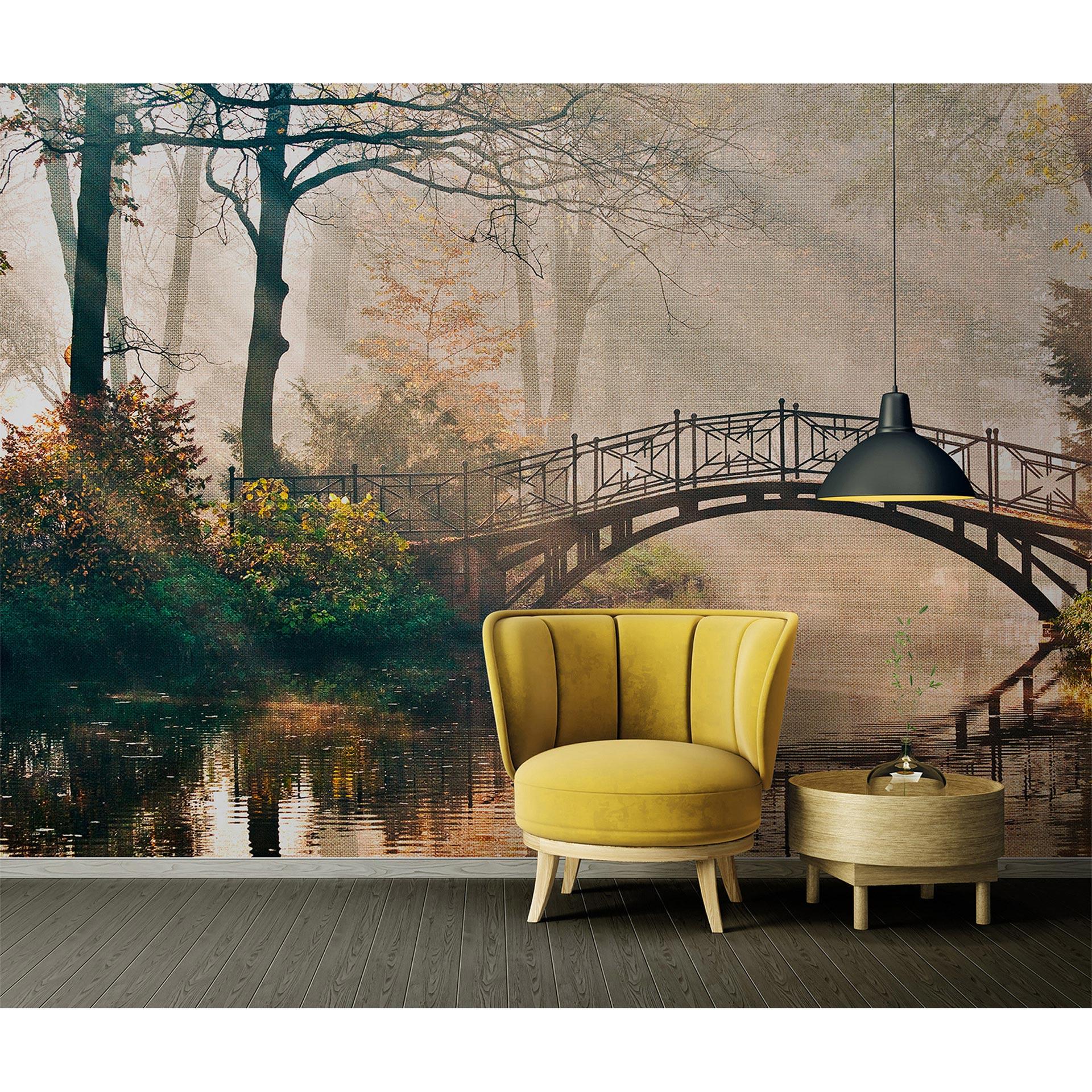 non-woven tapet Park Bridge bro bro natur fototapet Designwalls i brun og grøn