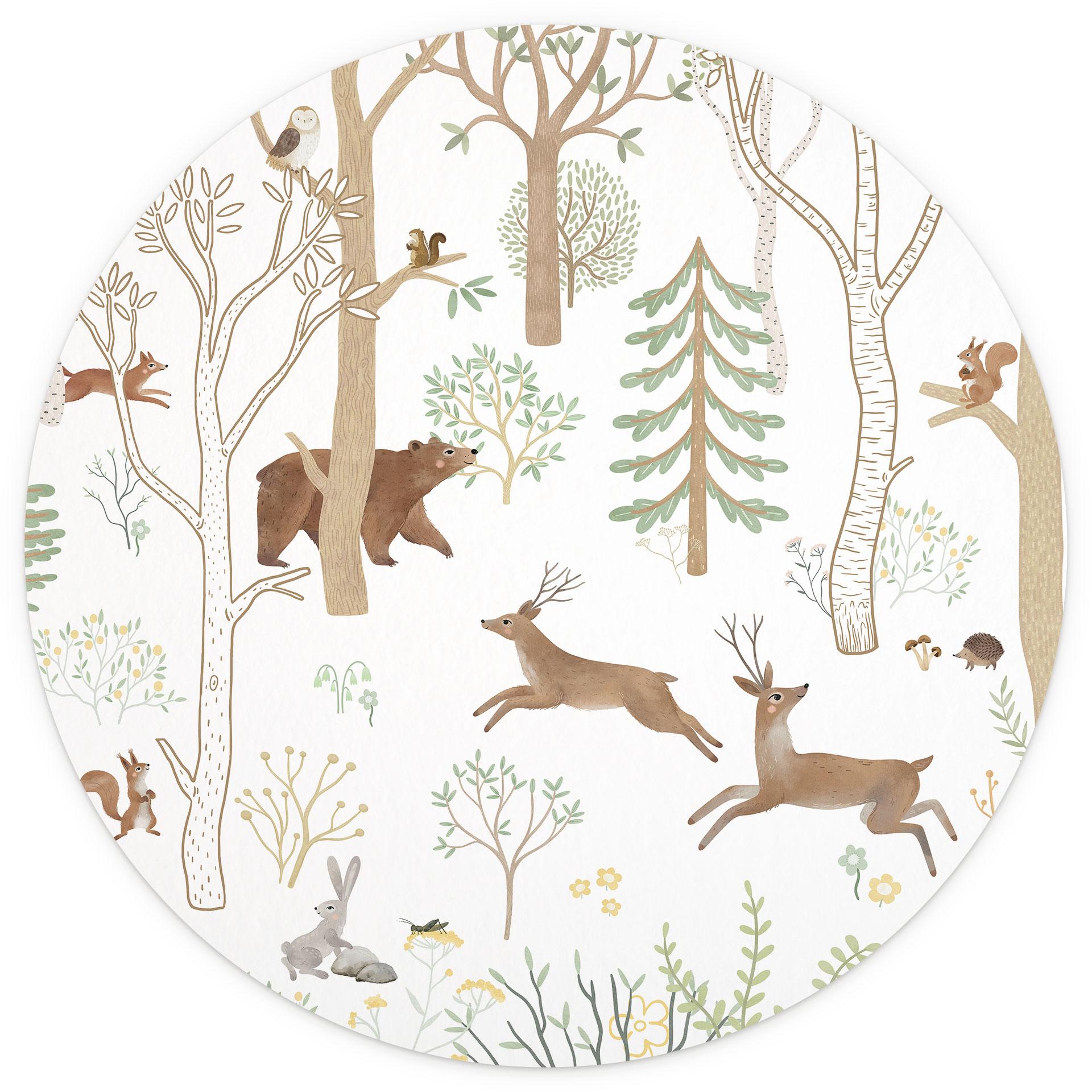 Rond Kinderfotobehang Vrolijk Bosleven met Dieren - Oliver Robins