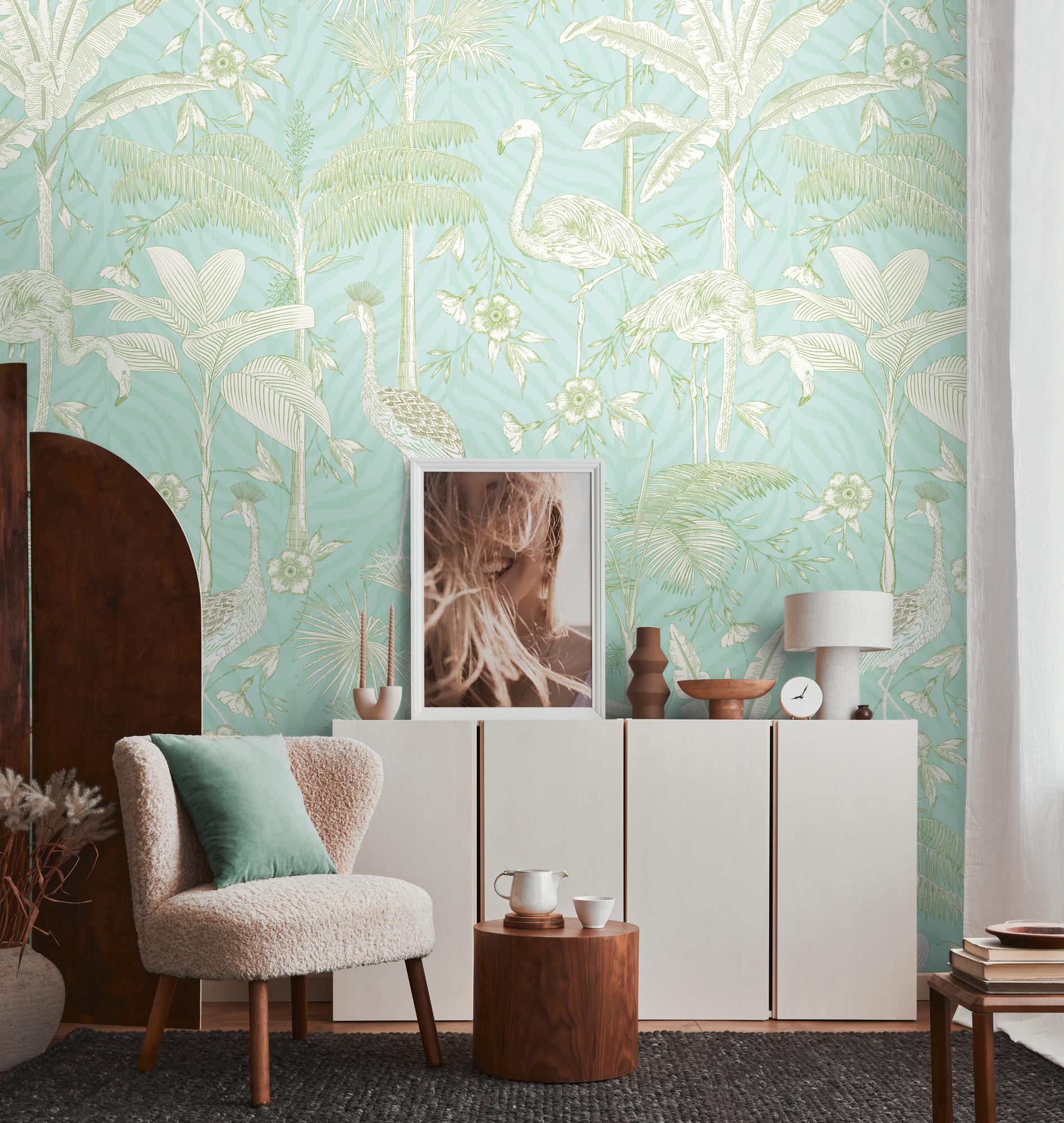 dyretapet turkis hvid - non-woven tapet insekter & dyr Livingwalls - mat og glat