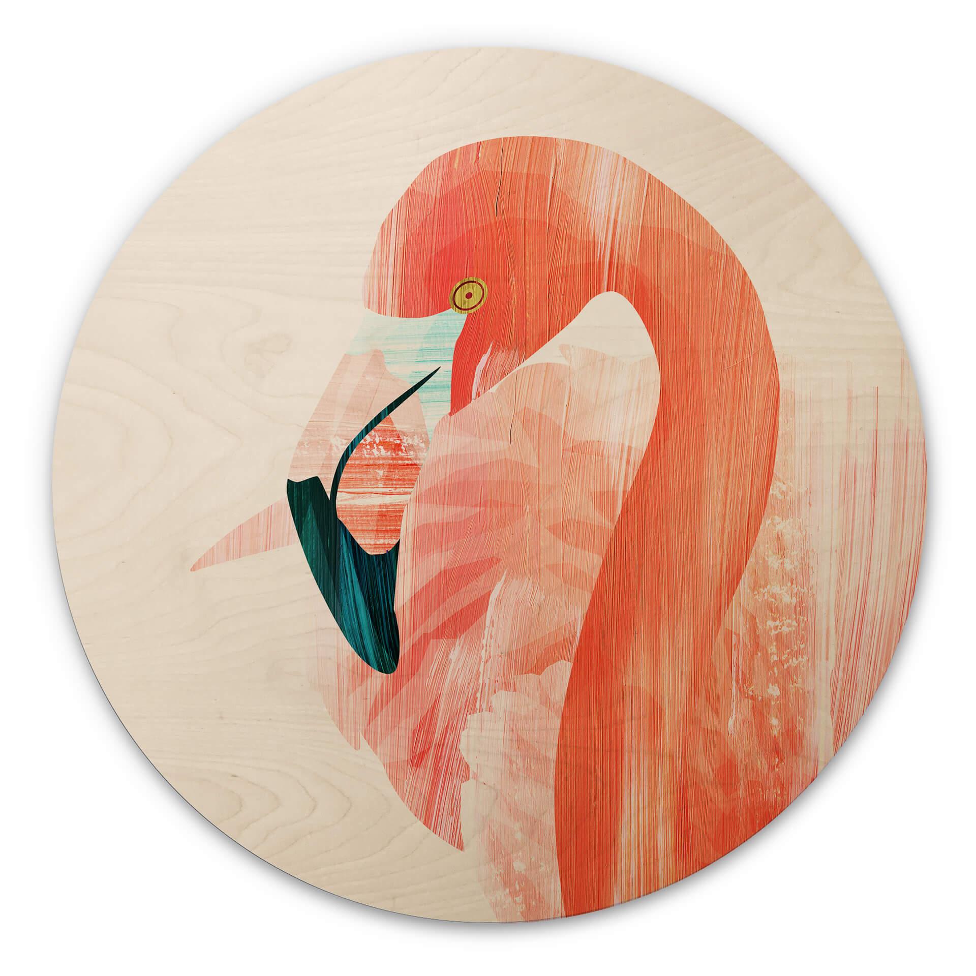 Goed Blauw Billede af træ - Pink Flamingo - Rund
