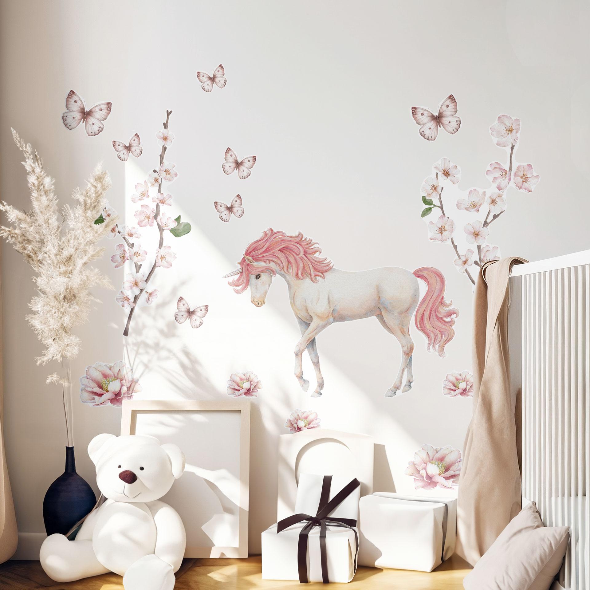Kinderkamer Muursticker Eenhoorn in roze bloesem Kikki Belle - 15 stuks - 50x70 cm