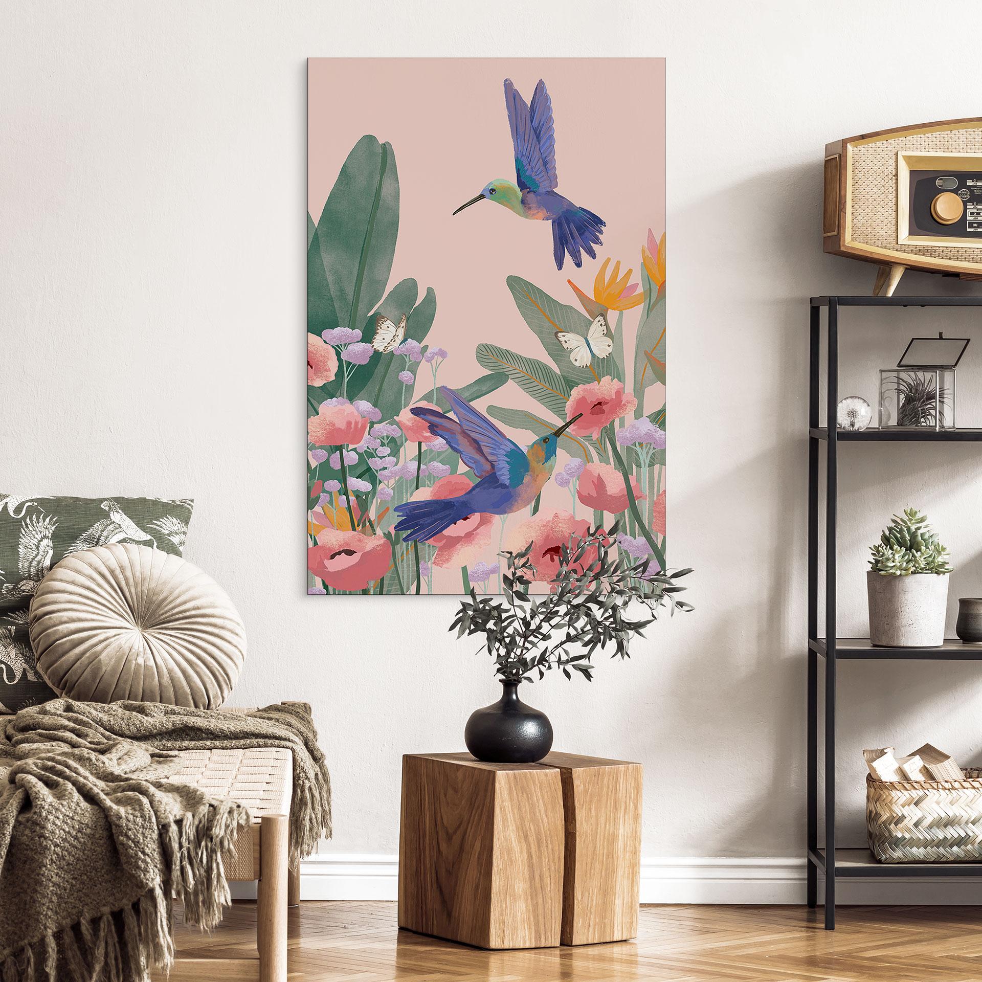 Billede To kolibrier på den farverige blomstereng - Goed Blauw – print på aluminium (Alu-Dibond)