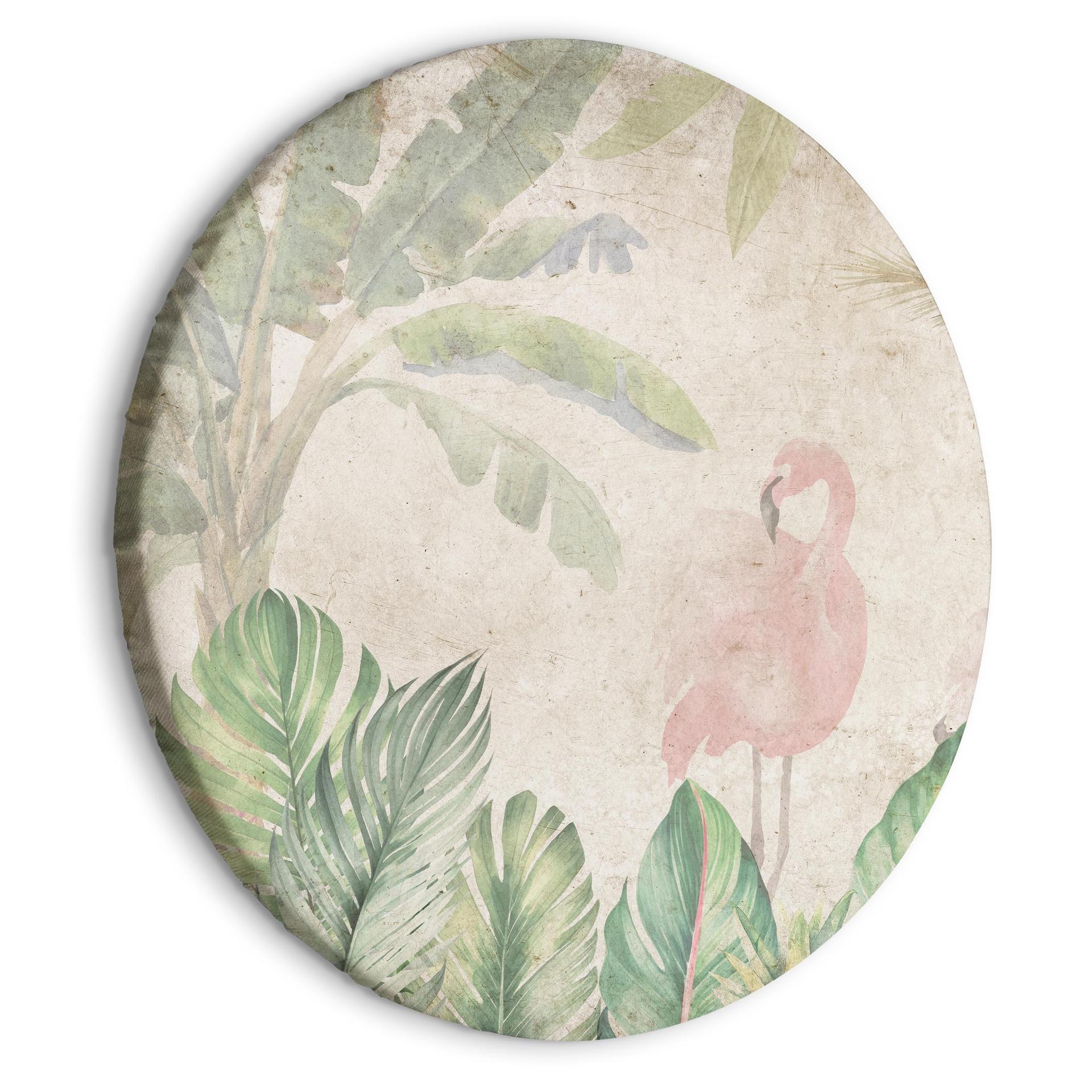 Rundes Leinwandbild Vögel waten in exotischer Flora | Rosa Flamingo meets Palme