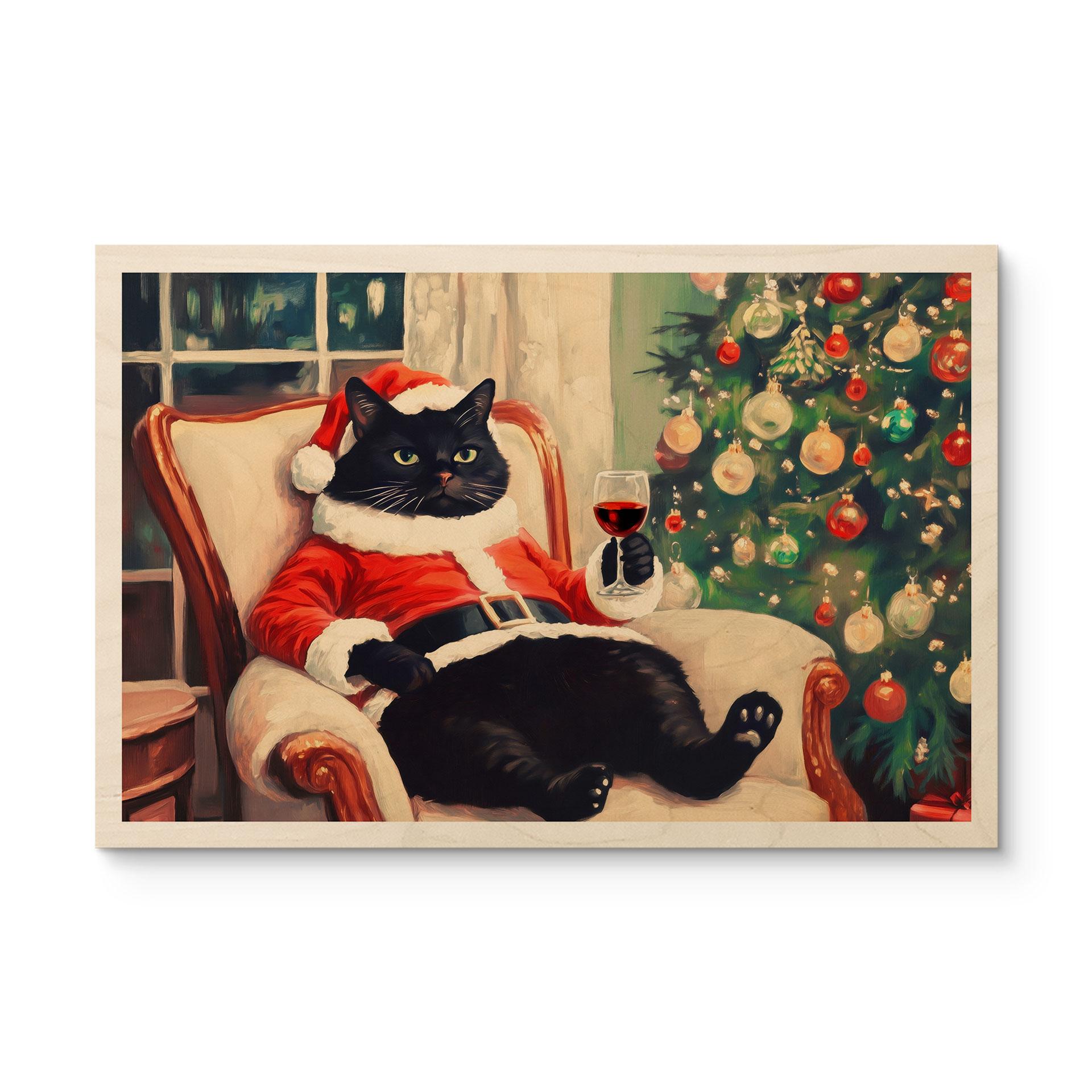 Billede af træ Julekat med vin - Melloi Art Prints