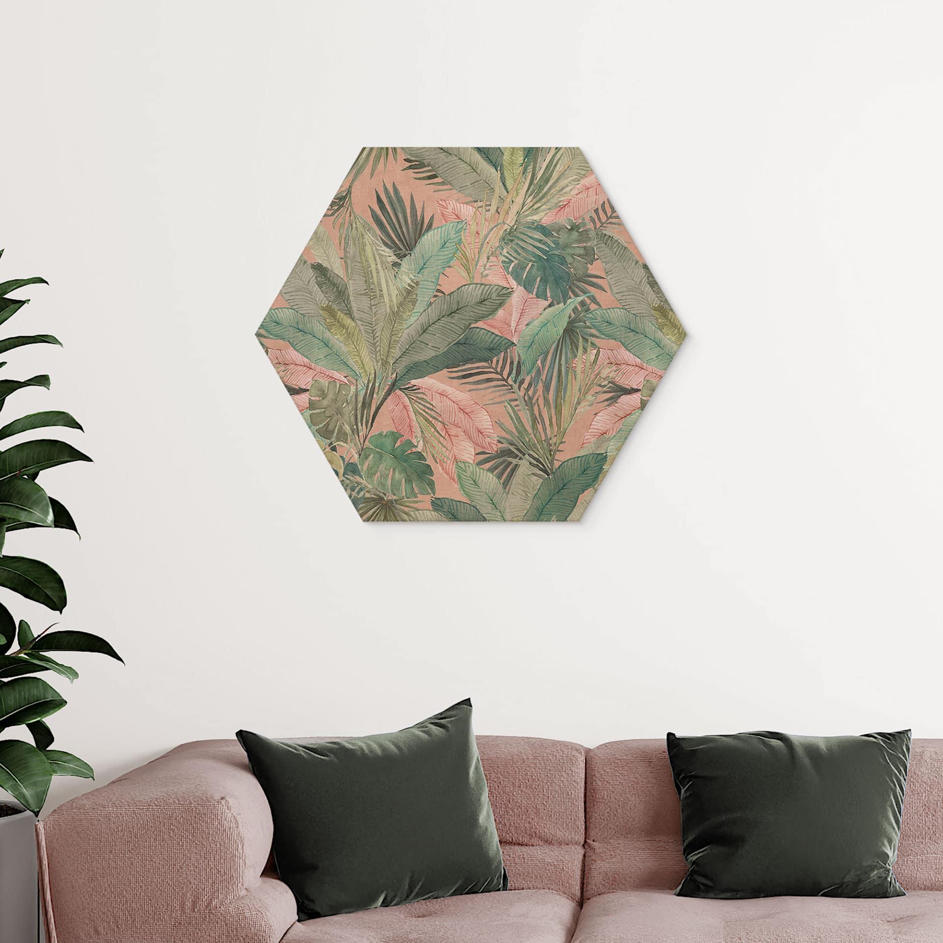 Sekskantet billede af træ tropiske blade i junglen pink - Bloomery Decor