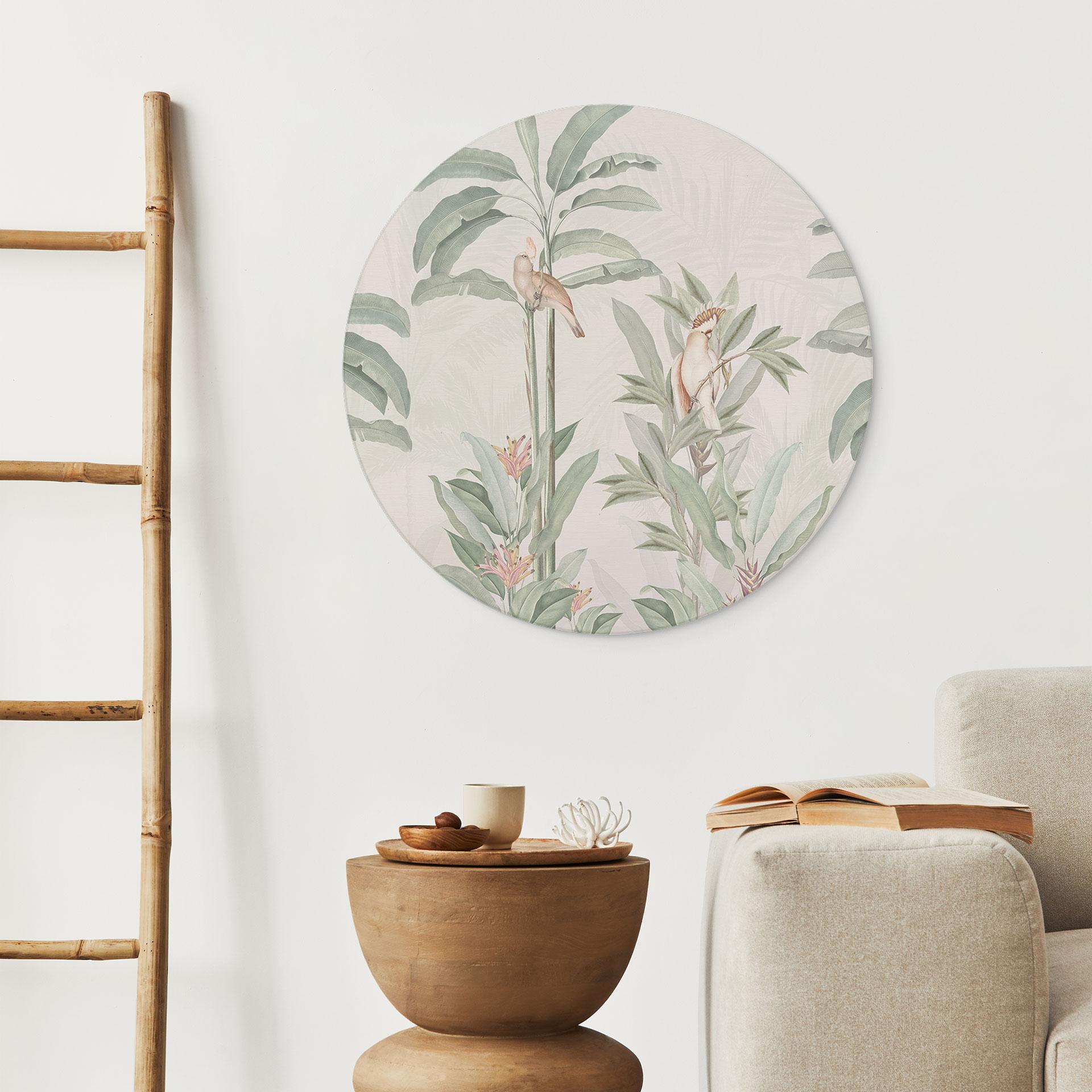 Tropisk skov med kakaduer - Bloomery Decor - rund – print på aluminium (Alu-Dibond)
