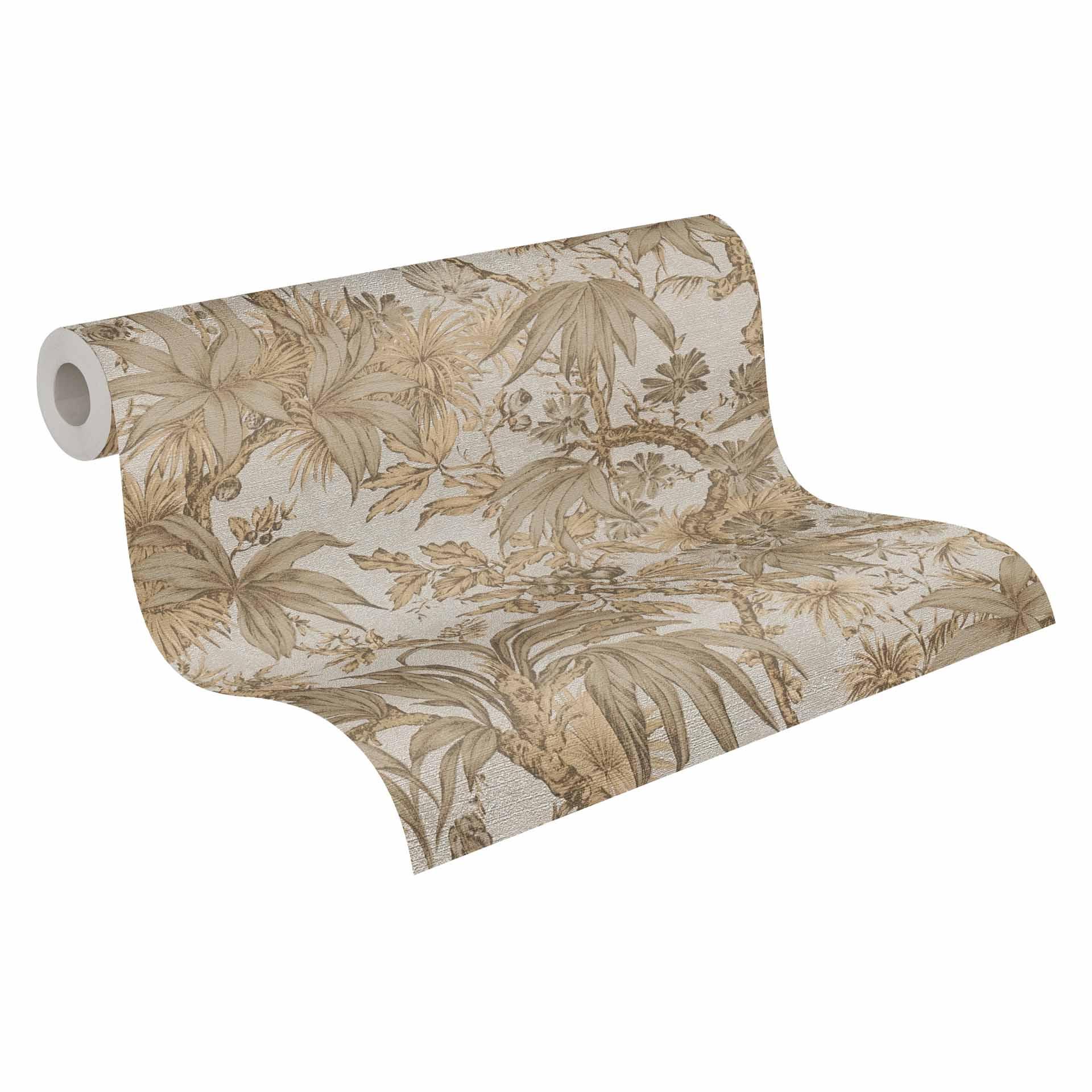 Botanisch behang beige bruin - exotisch patroon behang met bladeren - Vliesbehang
