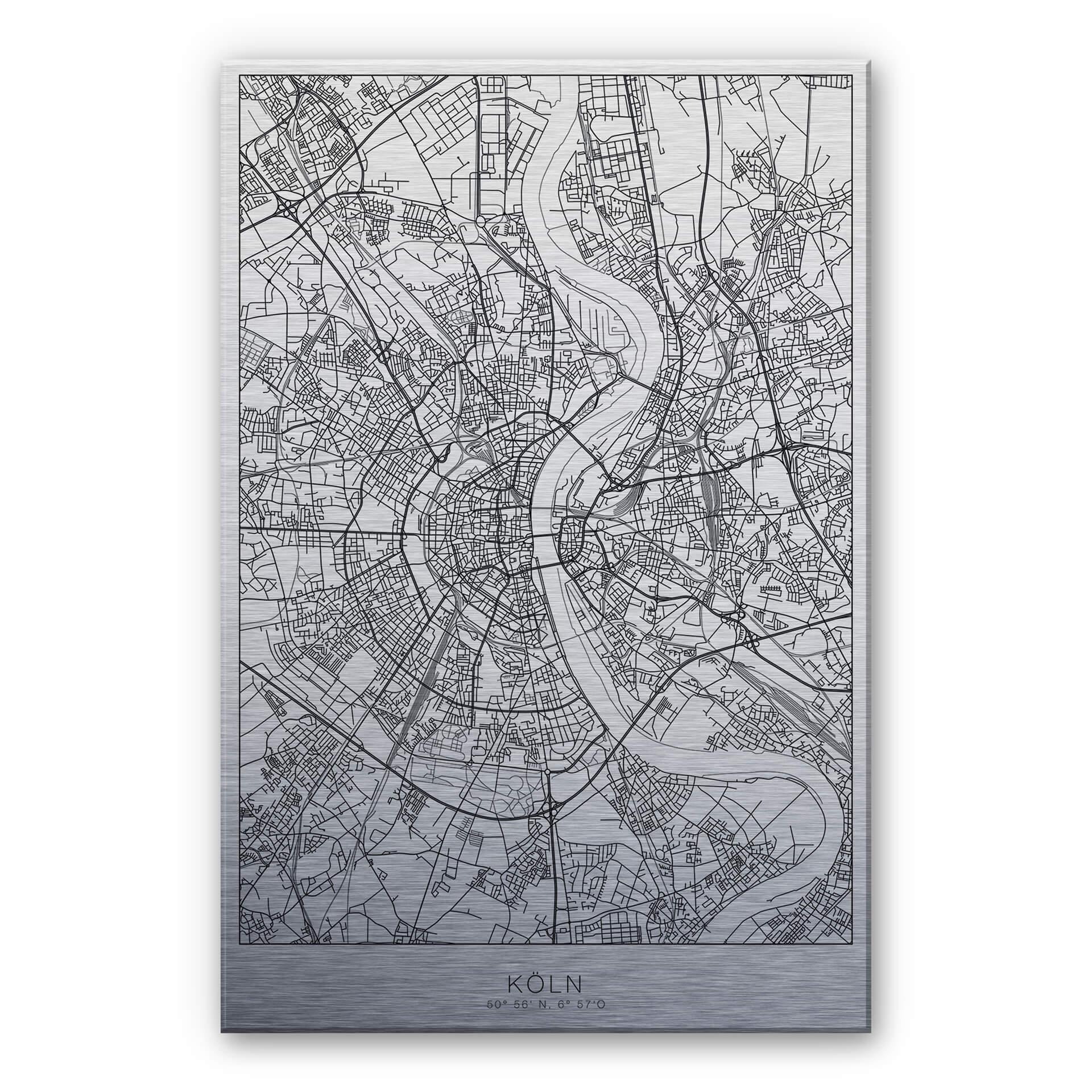 Alu-Dibond mit Silbereffekt Stadtplan Köln