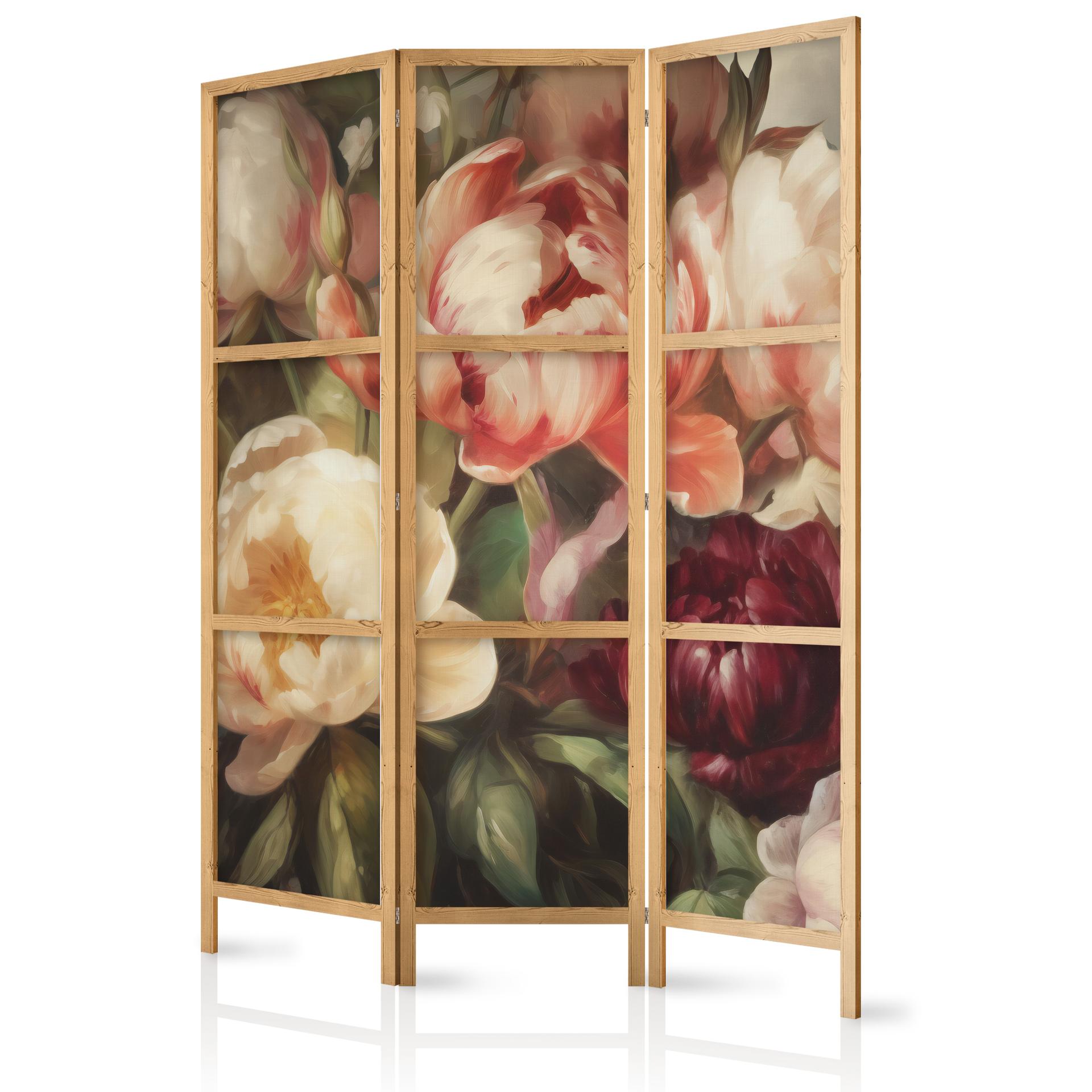 Japanischer Paravent, Raumteiler freistehend, Trennwand - Blooming Sunlit Peonies