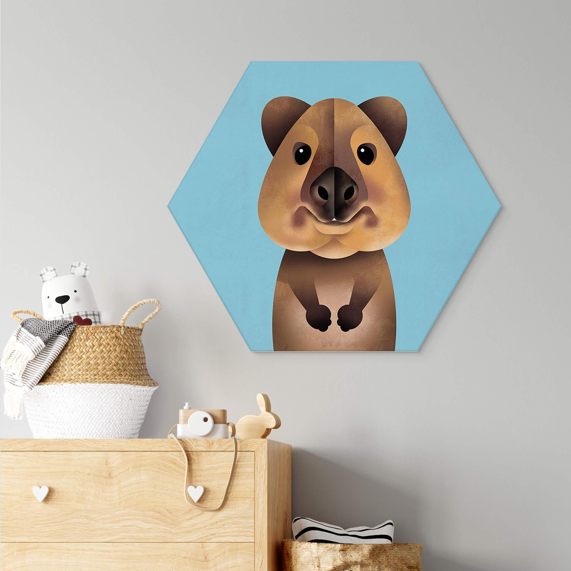 Hexagon Wandbild Quokka - Alu-Dibond - Braun