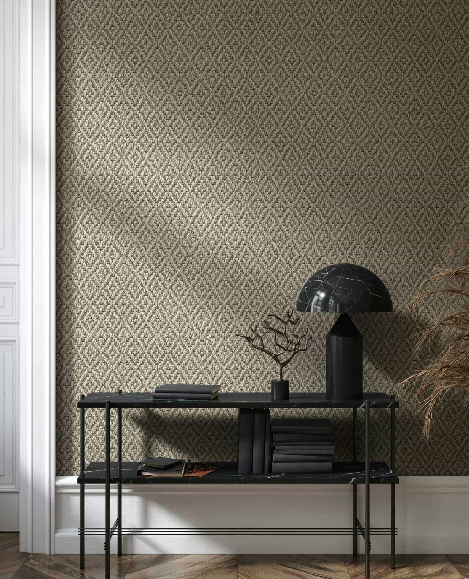 vliesbehang in 3D ruitpatroon beige, grijs textiel look