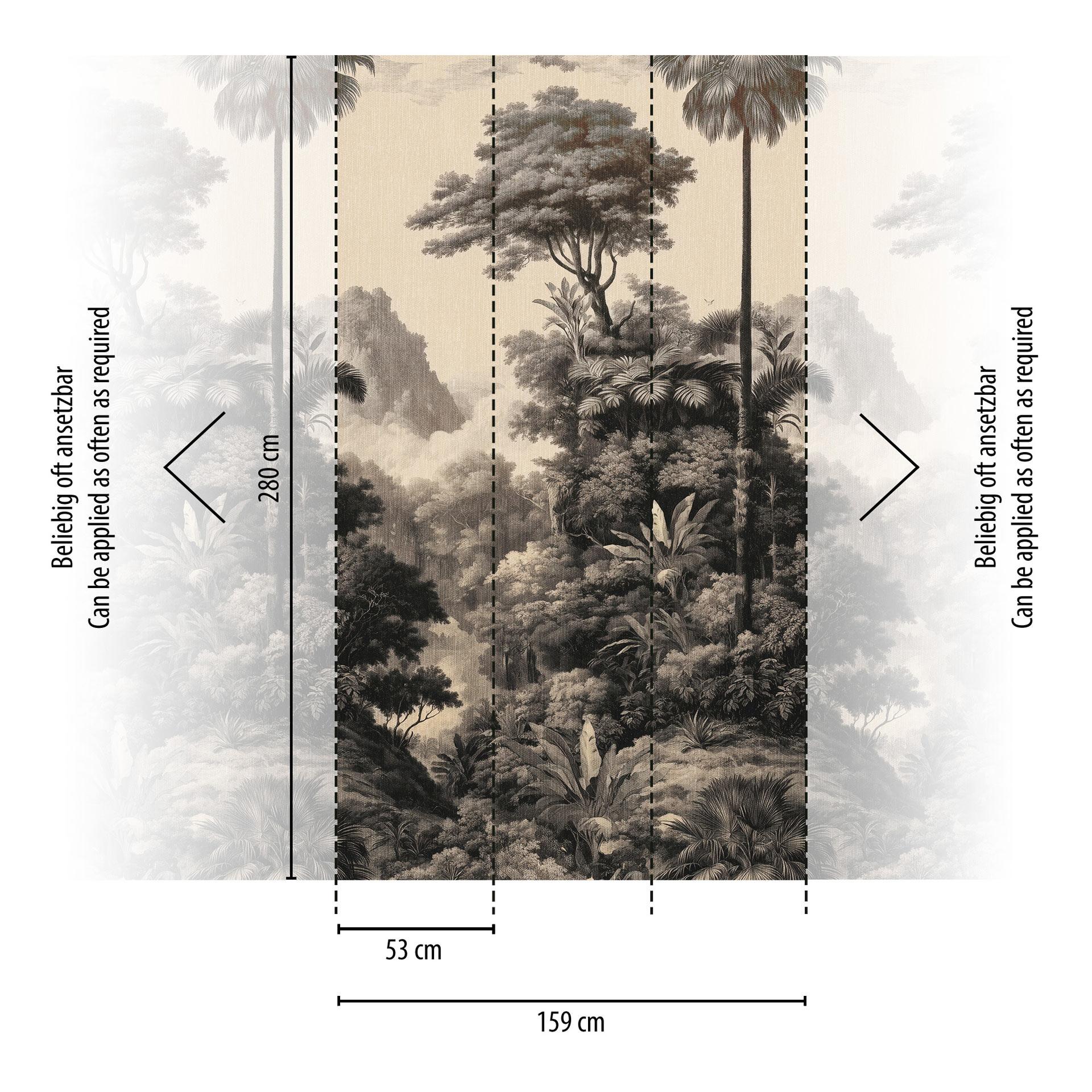 Vliesbehang bos met bergen crème zwart mat uittrekbaar 1,59 x 2,80 m Vliesbehang