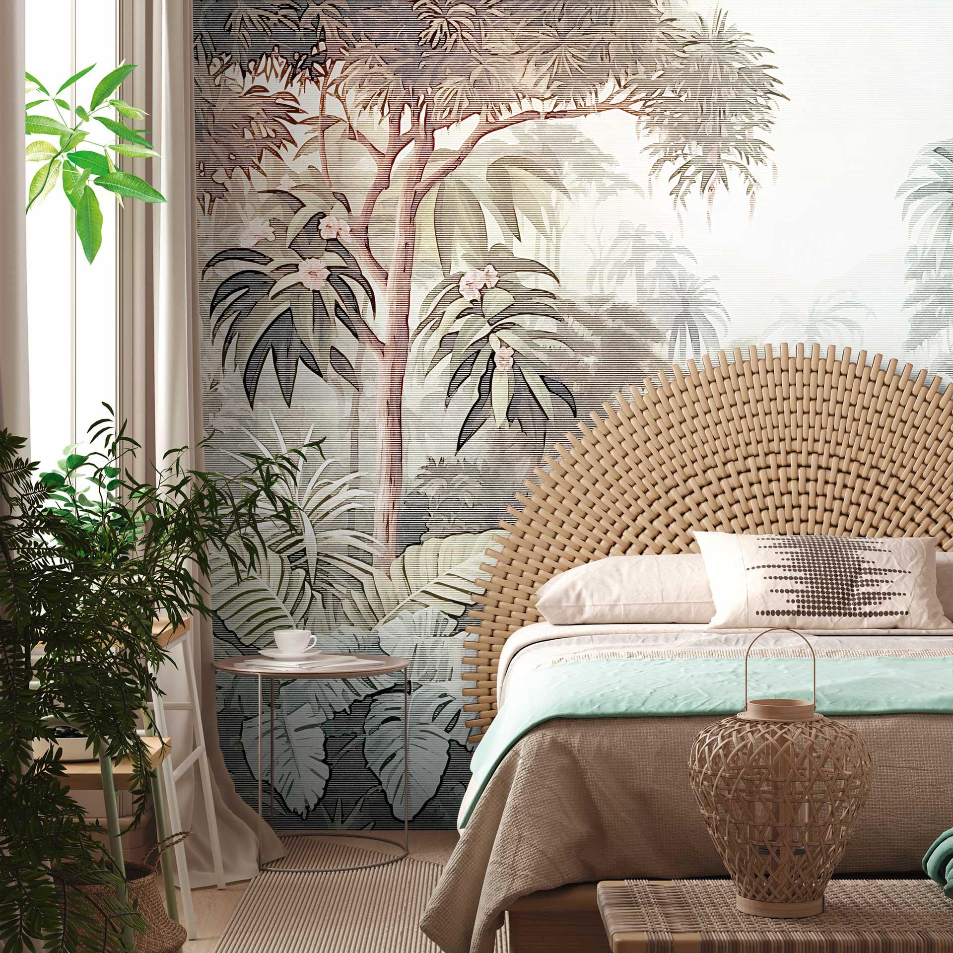 Jungle Green Brown - 3D non-woven tapet med tropisk motiv til stuen