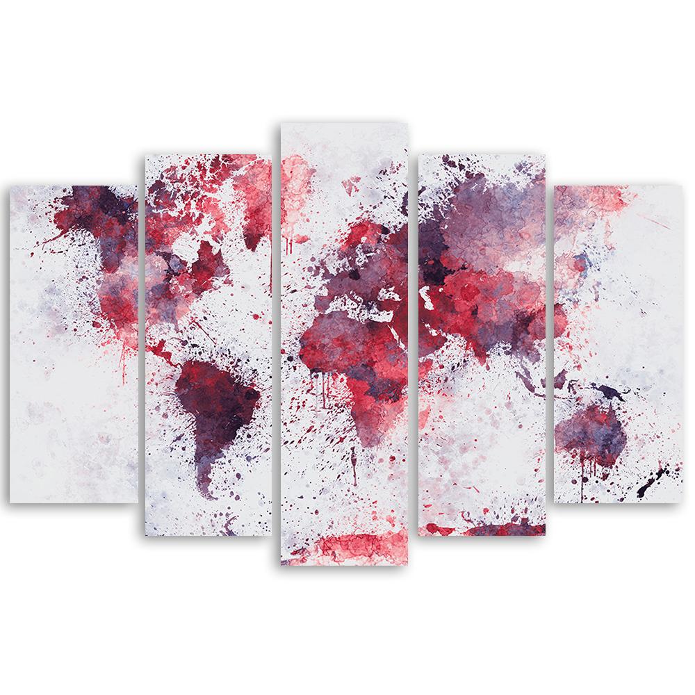 5-delige canvas print wereldkaart rood