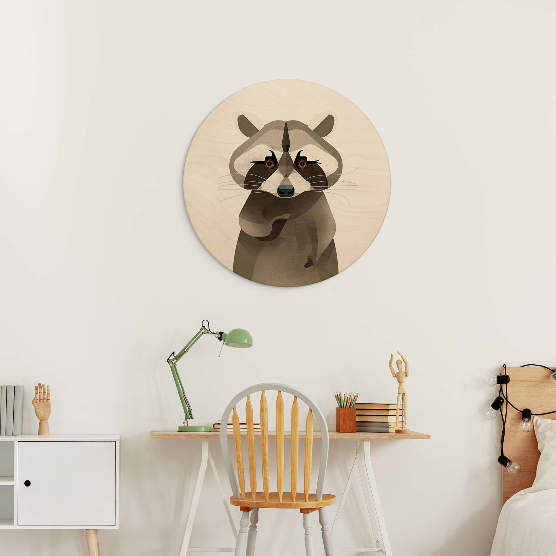 Holzbild Waschbär - Braun - Rund