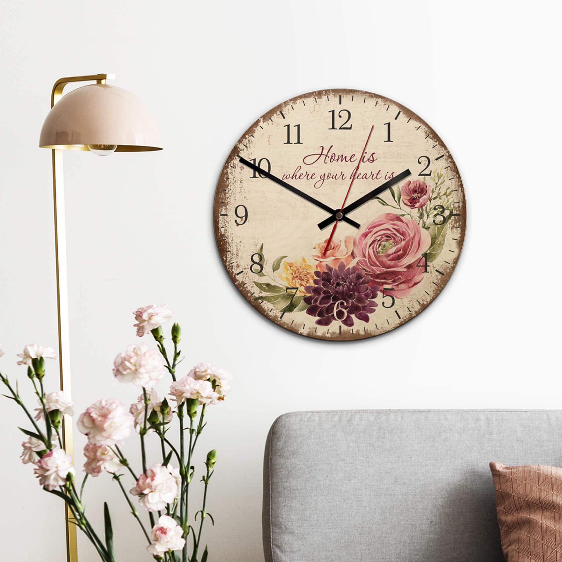 Holz-Wanduhr - Home is where your heart is - Vintage