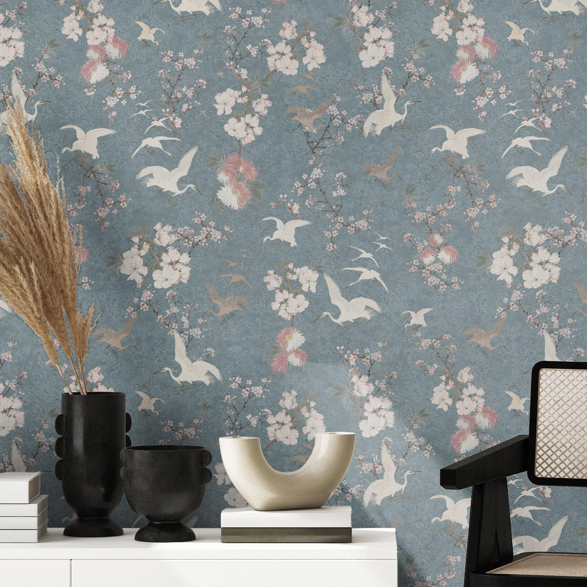 Blauw kersenbloesem behang met kraanvogels - Bloomery Decor