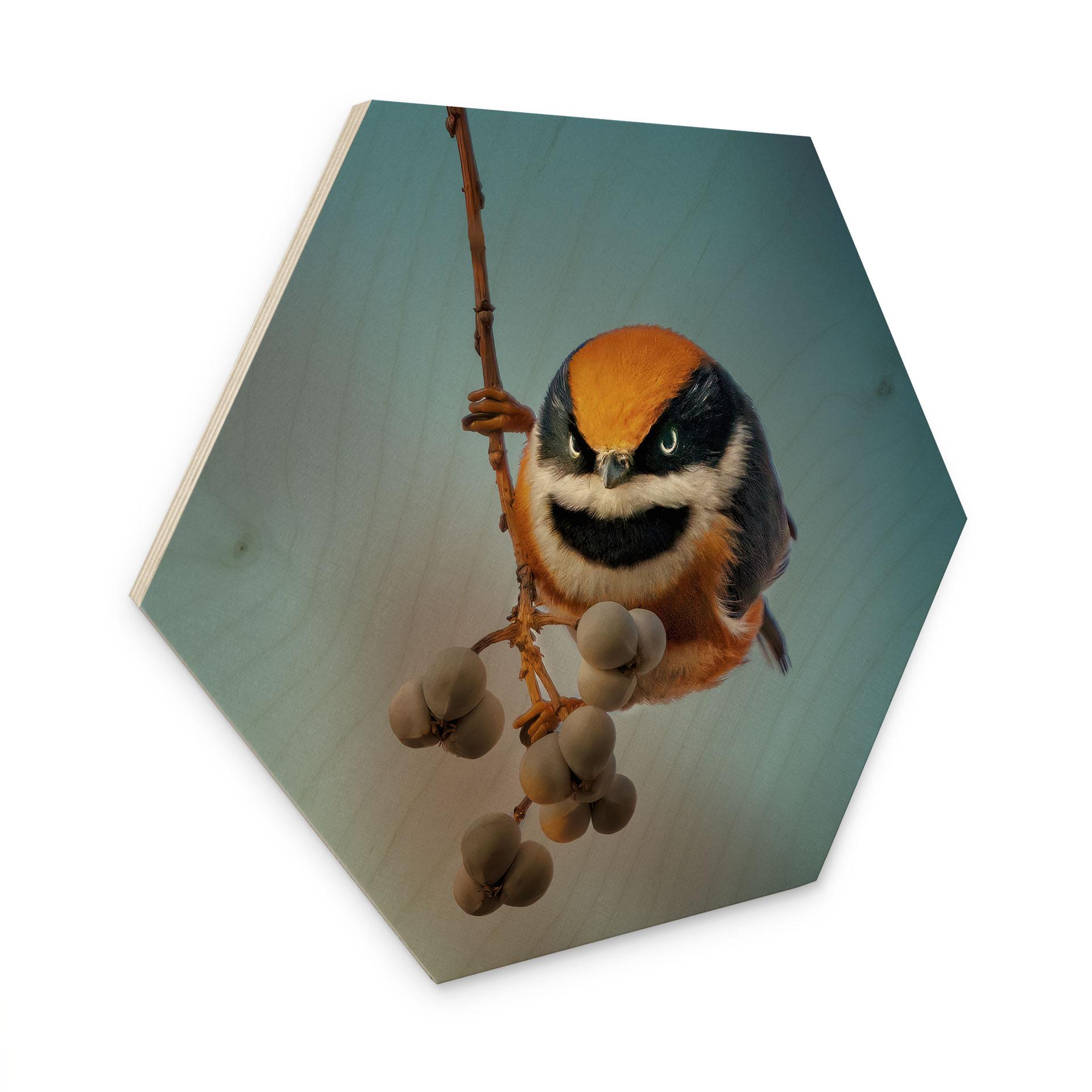 Hexagon Holzbild Kleiner Vogel am Ast - Jacob Xu