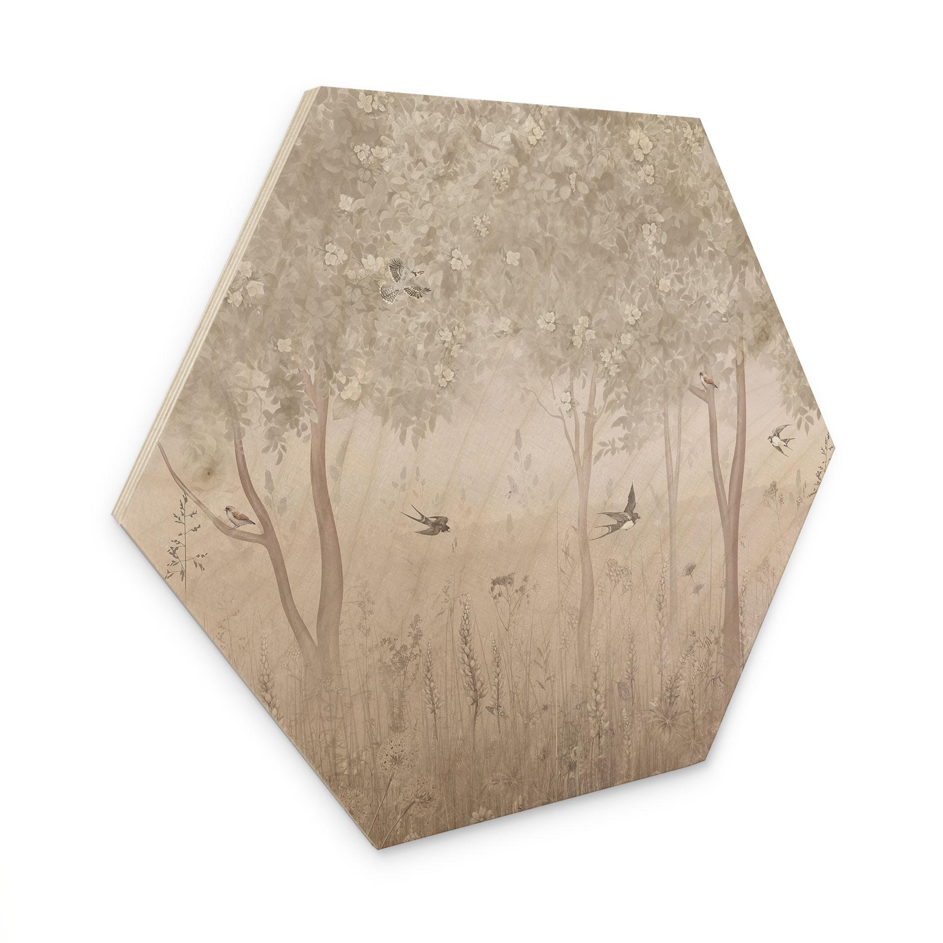Hexagon Holzbild Sommerliche Schwalben im Blütenwald - Ms Tiff