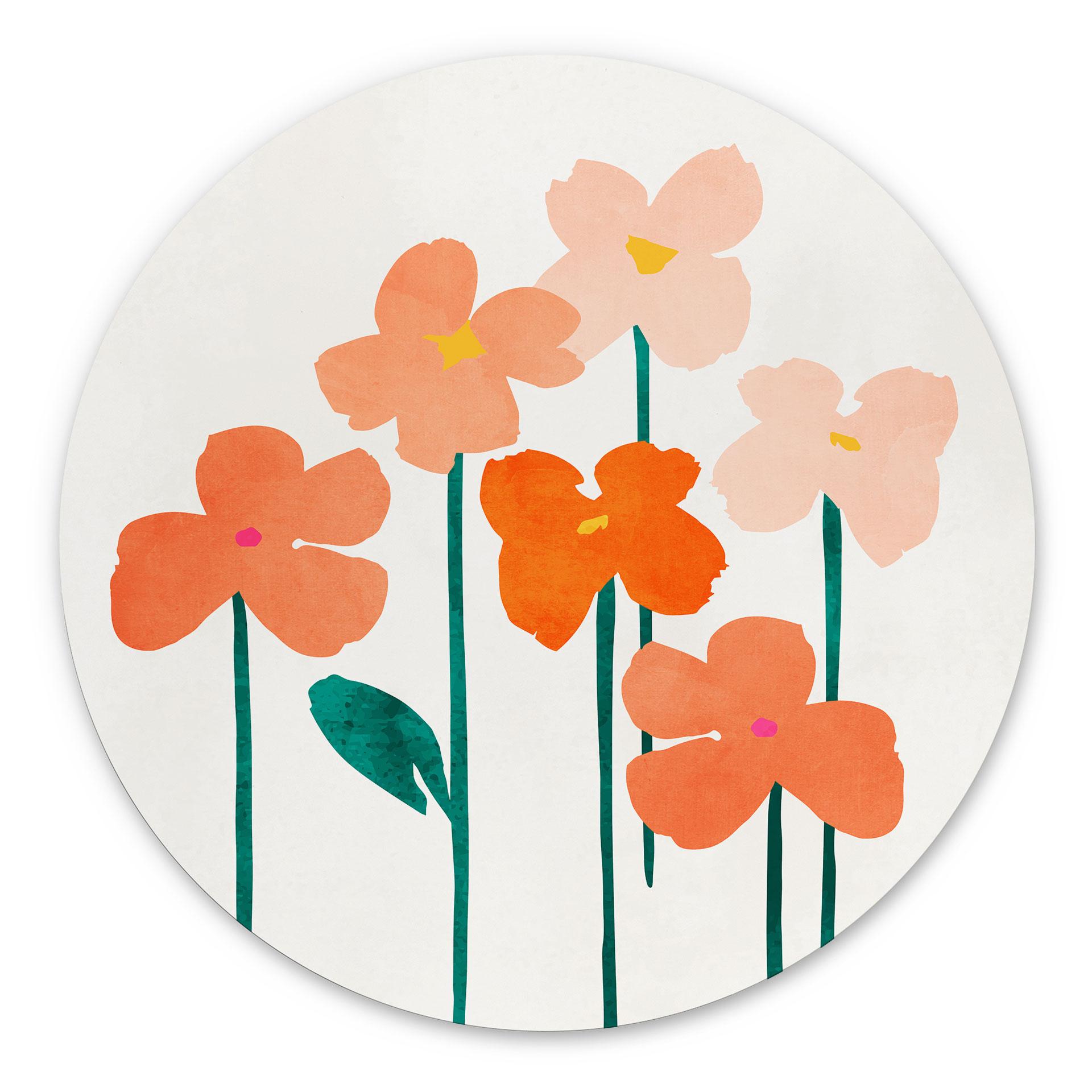 Vægcirkel Små blomster i ferskenfarver - Kubistika – print på aluminium (Alu-Dibond)