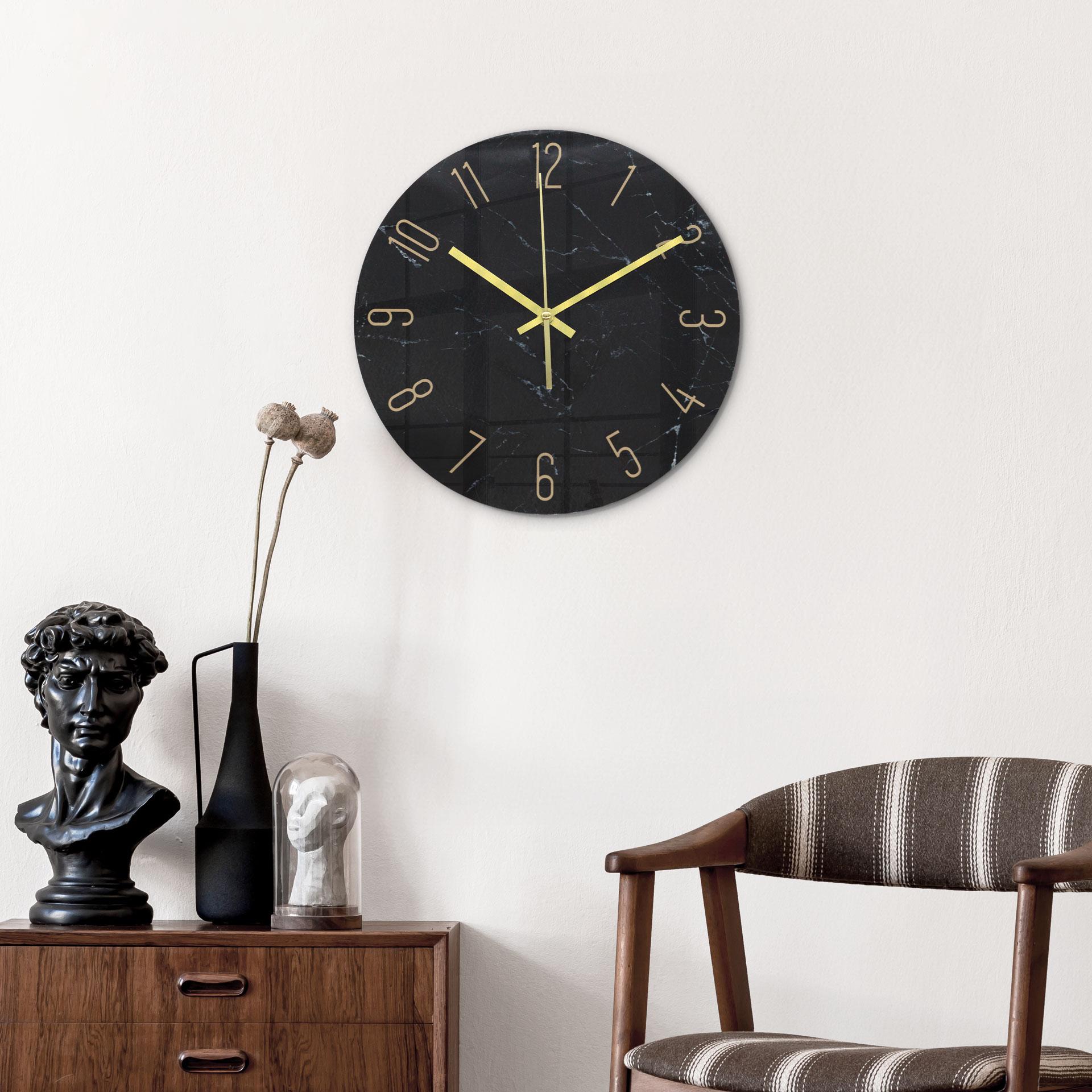 Orologio da parete moderno in vetro con aspetto di marmo nero Ø30 cm