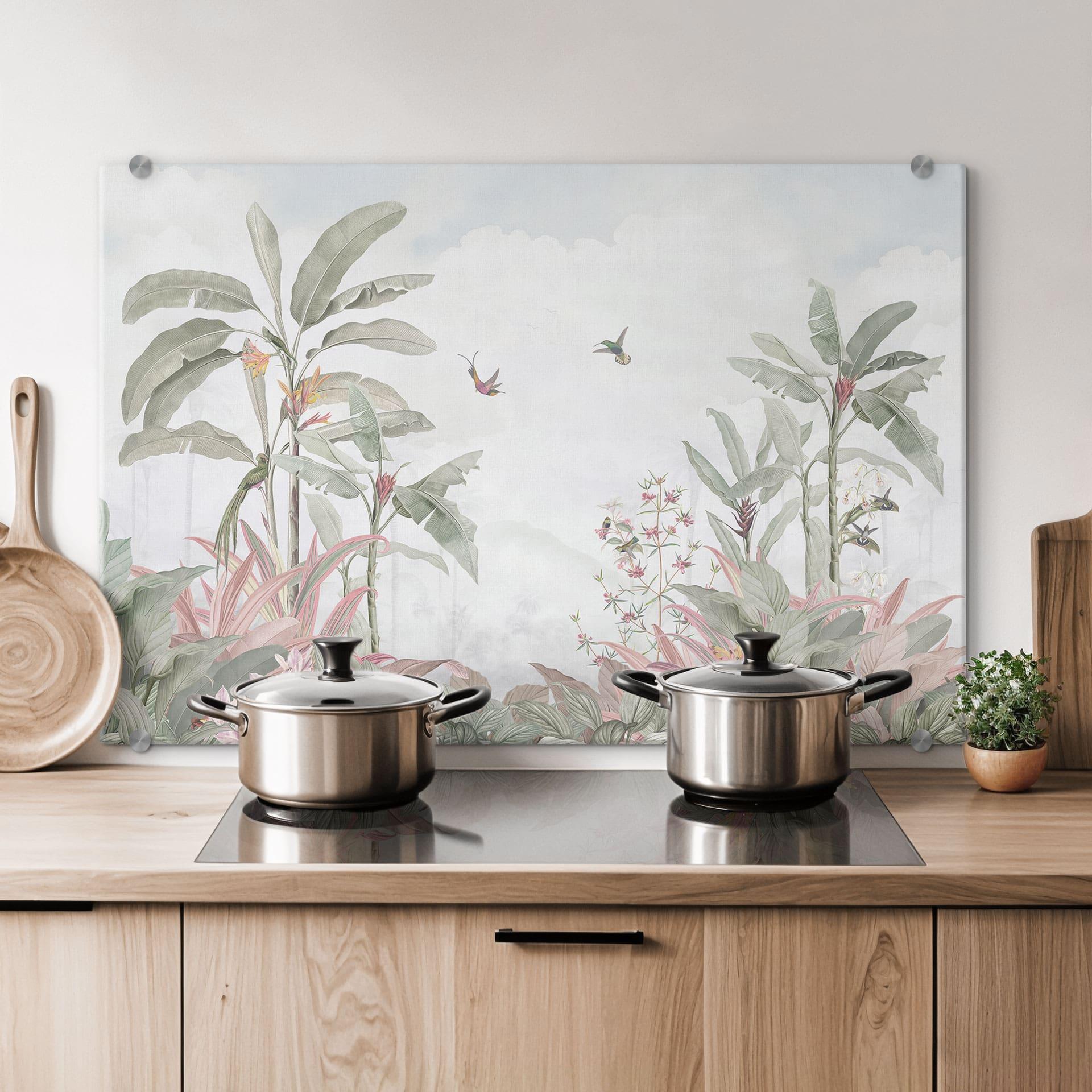 Stænkplade Tropisk idyl med kolibri blå - Bloomery Decor