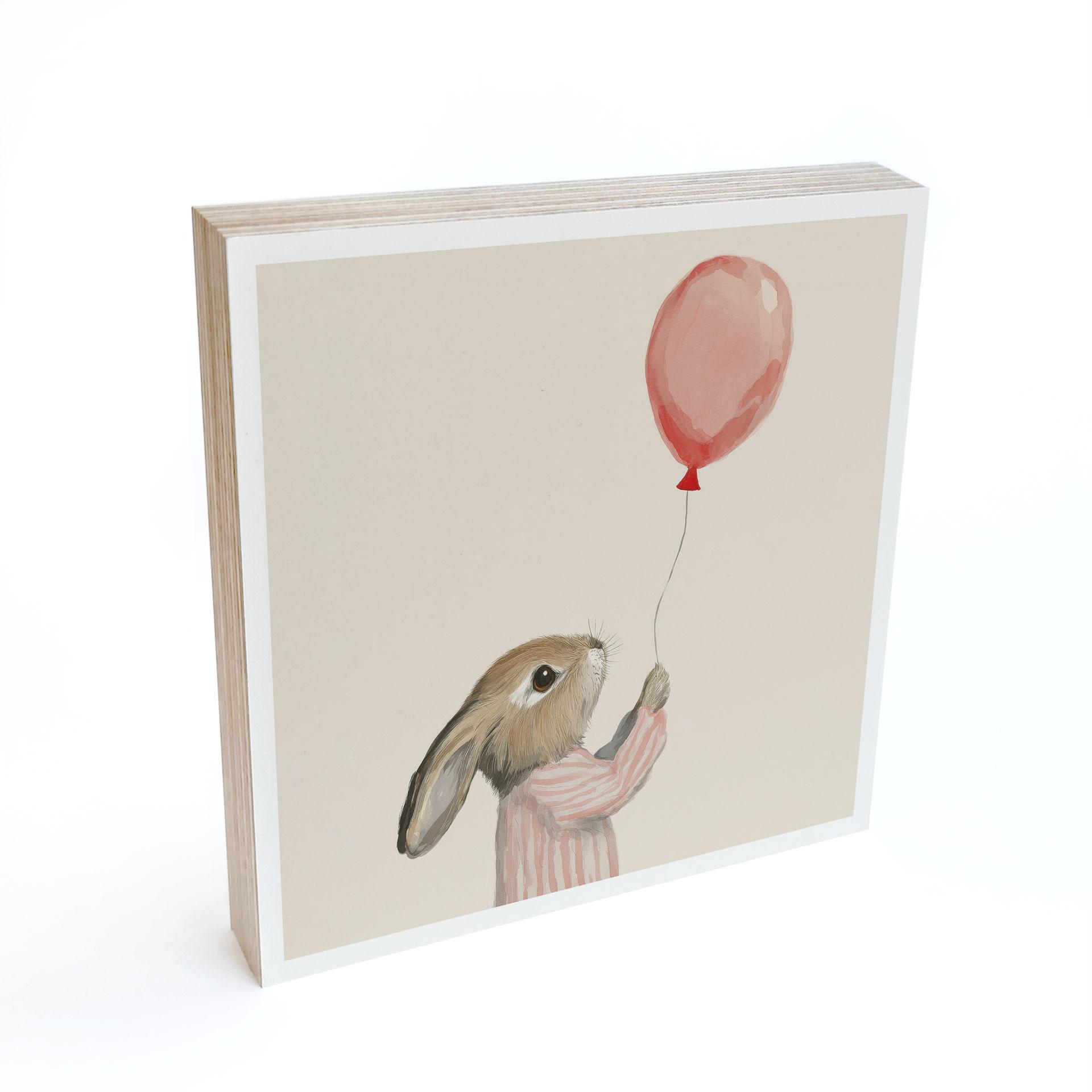 Billede af træ til at sætte op - Sød kanin med ballon - Treechild - 15x15 cm