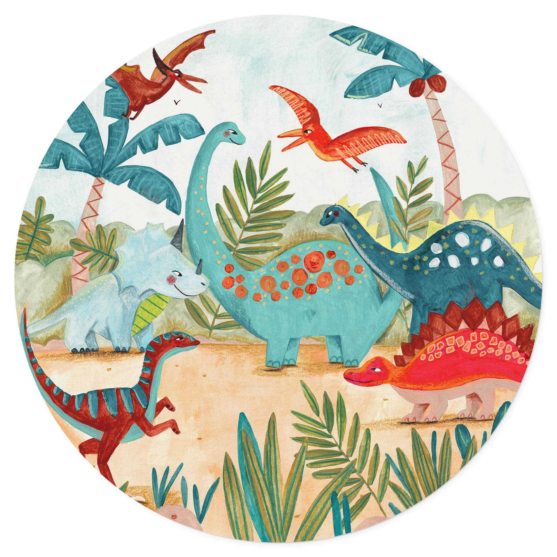 Vinilo decorativo para habitación infantil - Dinosaurios de colores en el bosque primitivo - Bonne M