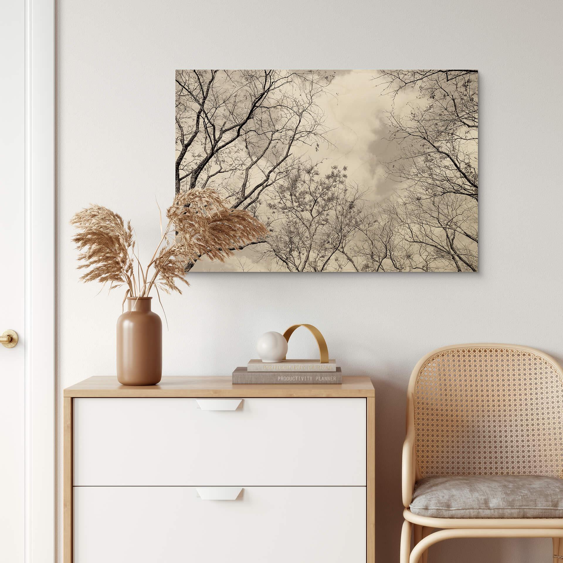 Plakat drewniany korony drzew na niebie