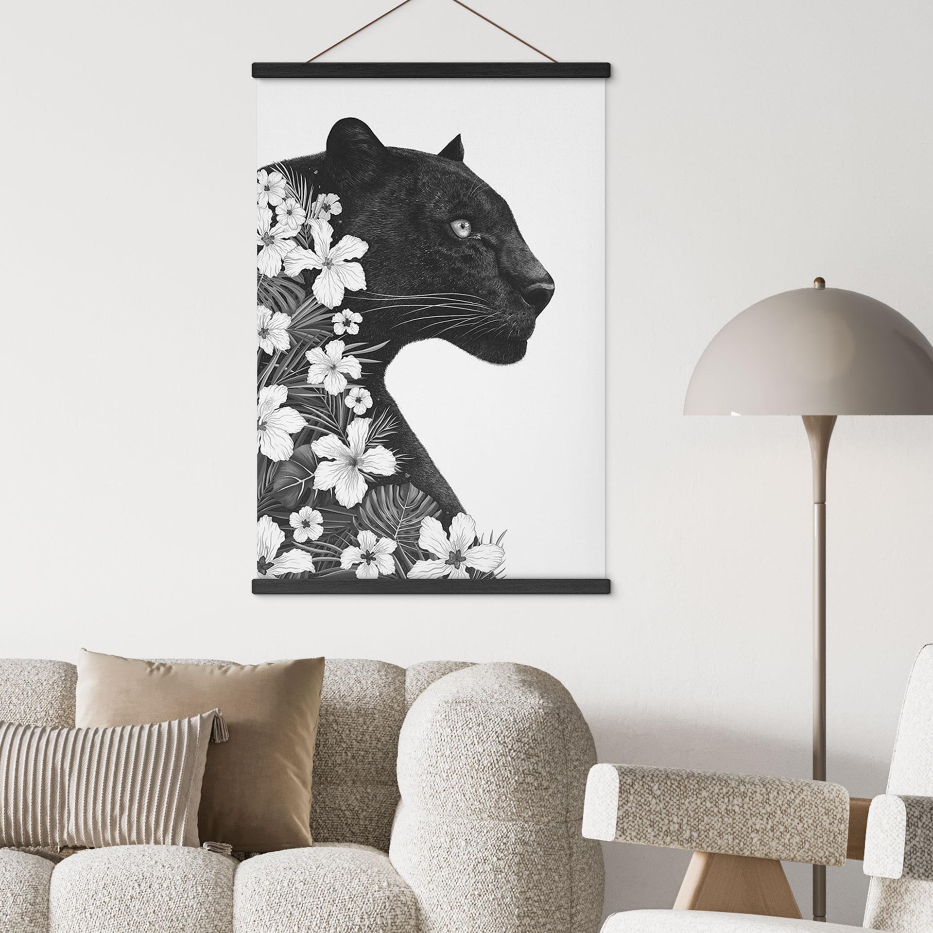 Stofbillede sort panter med hvide blomster - Korenkova