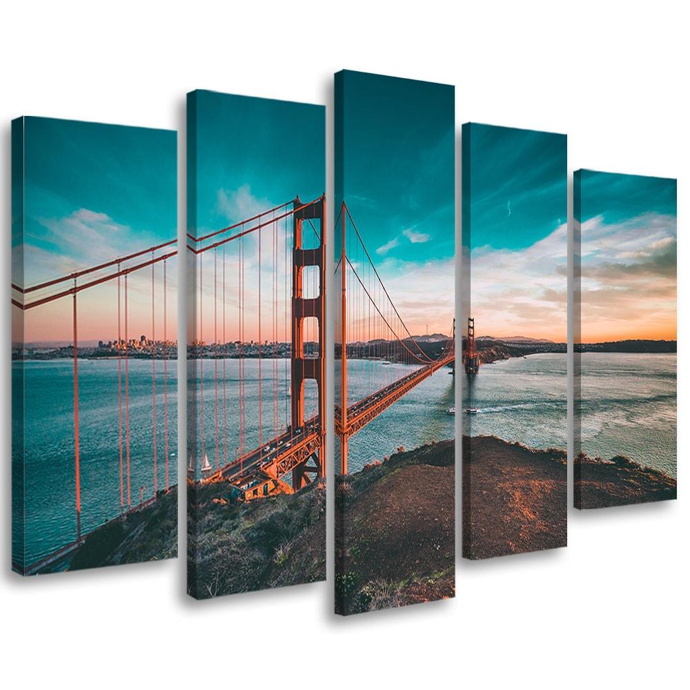 5-delt lærredstryk Golden Gate Bridge turkis