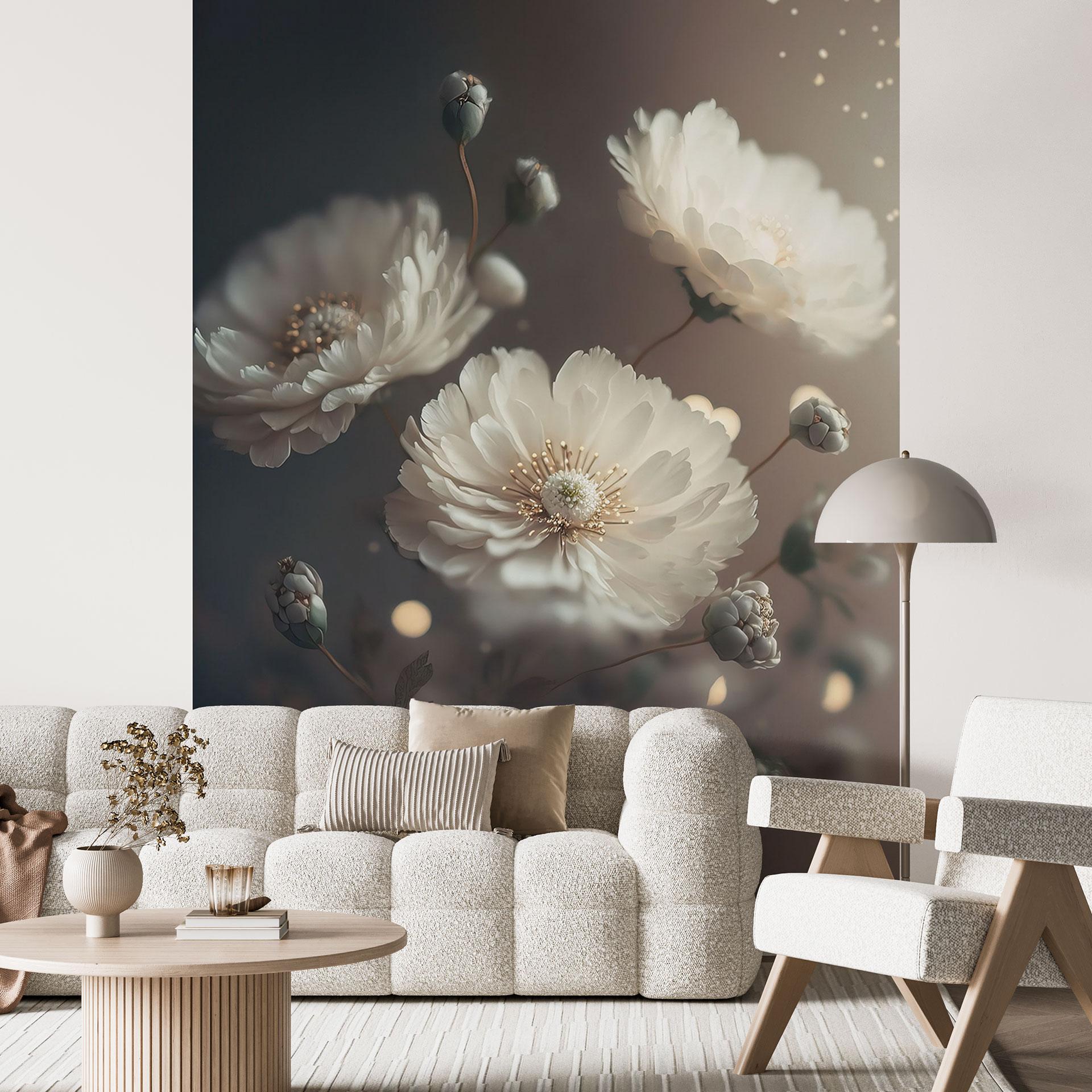 Fototapet med blomster Hvide blomster med guldstøv - Treechild