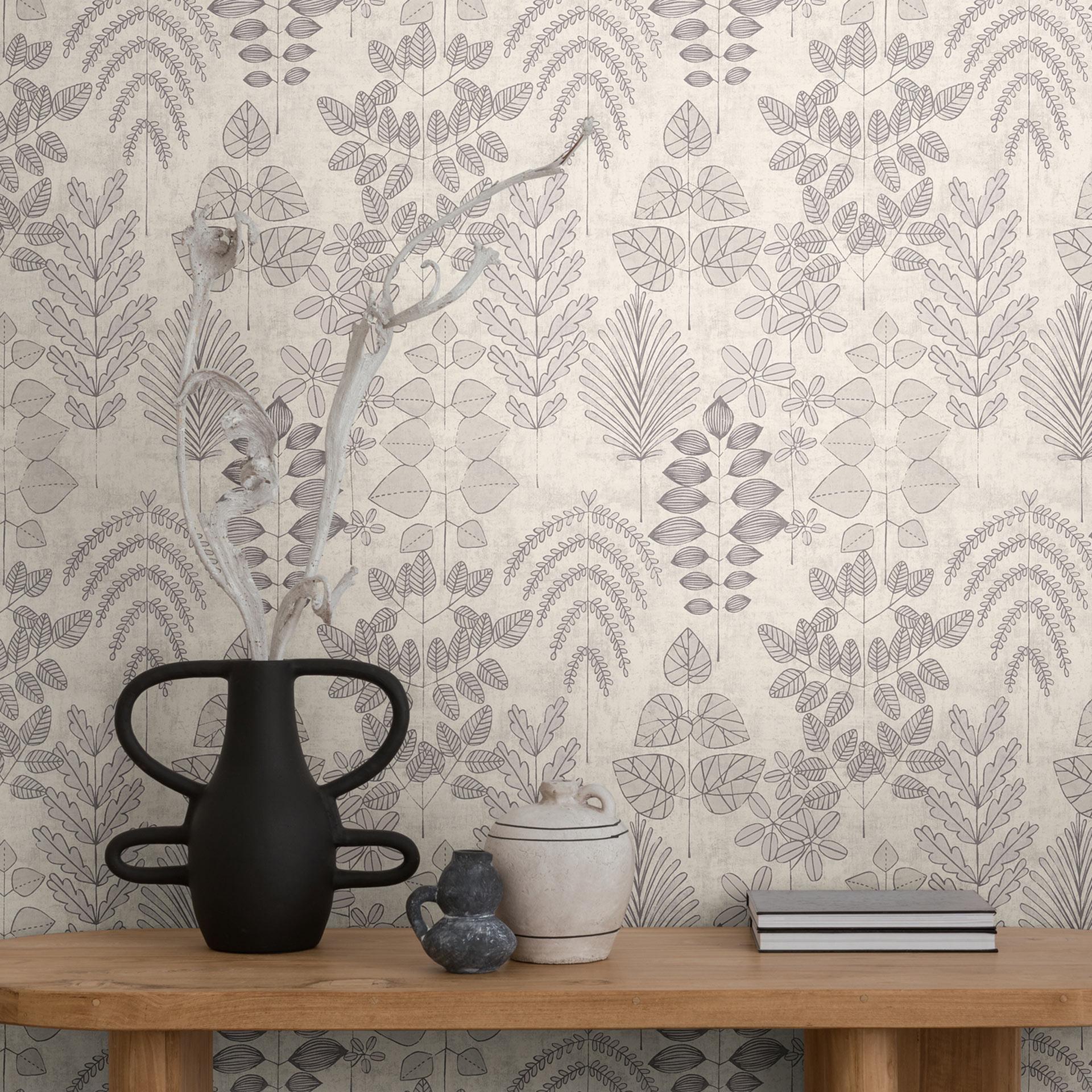 Non-woven tapet blomstret - fint stribemønster i greige & taupe