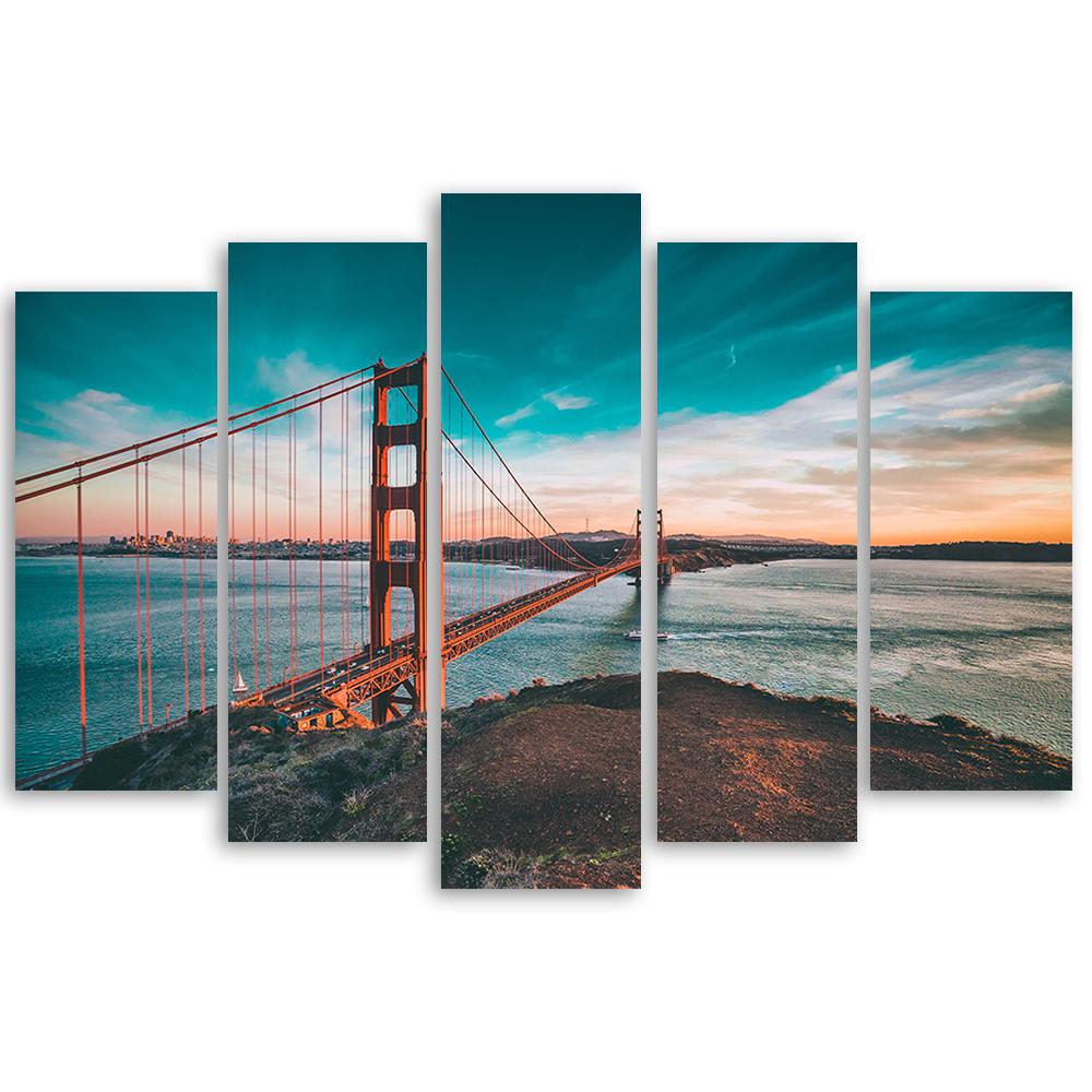 5-delt lærredstryk Golden Gate Bridge turkis
