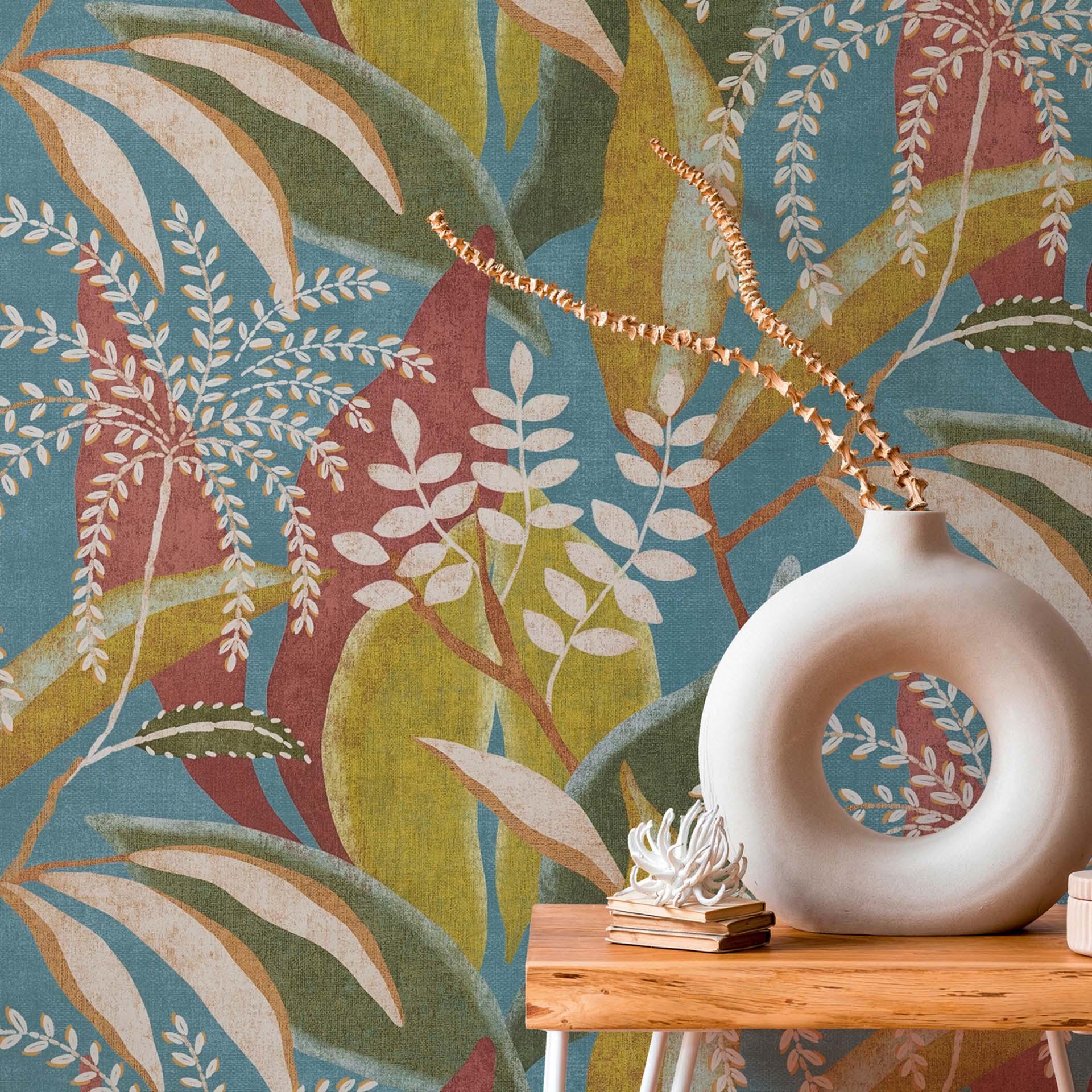 Papel pintado tropical petróleo y rojo óxido - Papel pintado no tejido en estilo jungla retro