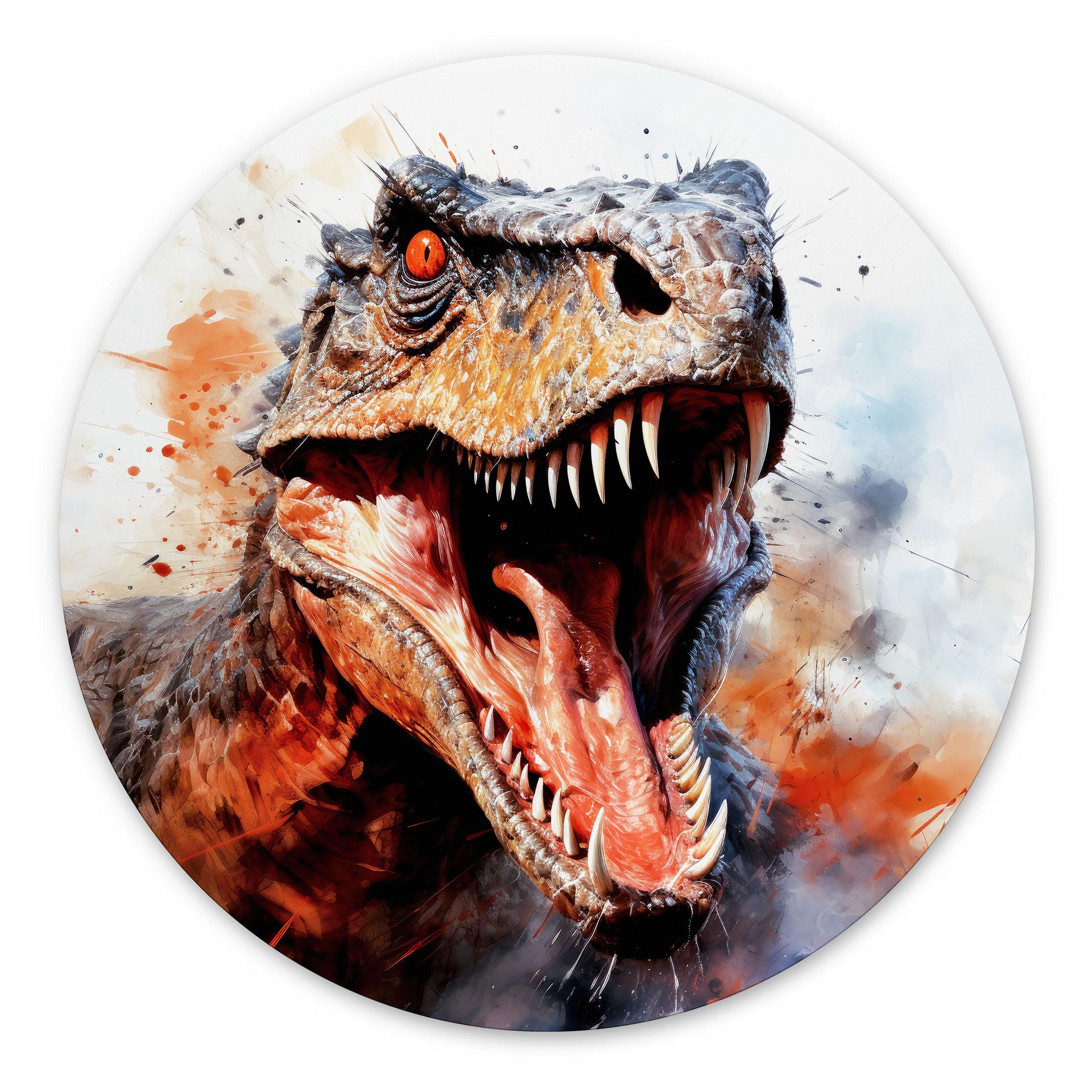 Vægmaleri T-Rex: Det vilde ansigt fra forhistorisk tid - Jaszke - rund – print på aluminium