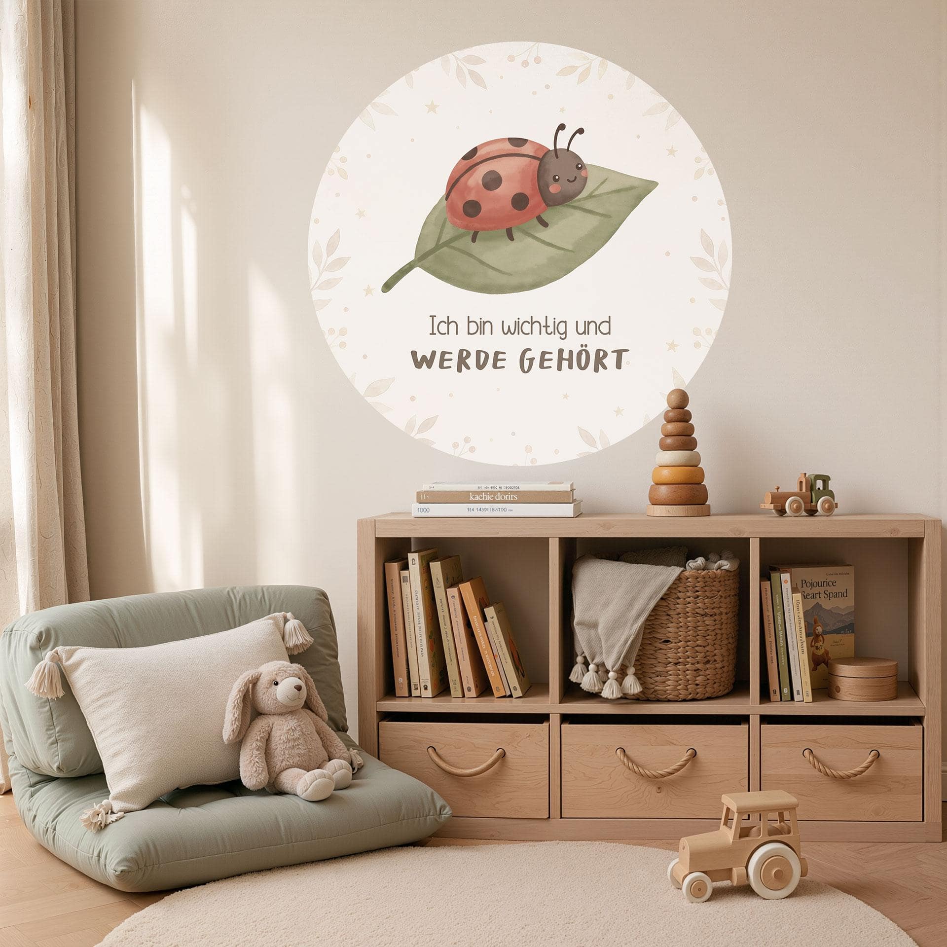 Rundes Wandtattoo mit Marienkäfer - Kraftsatz 'Ich bin wichtig und werde gehört' fürs Kinderzimmer