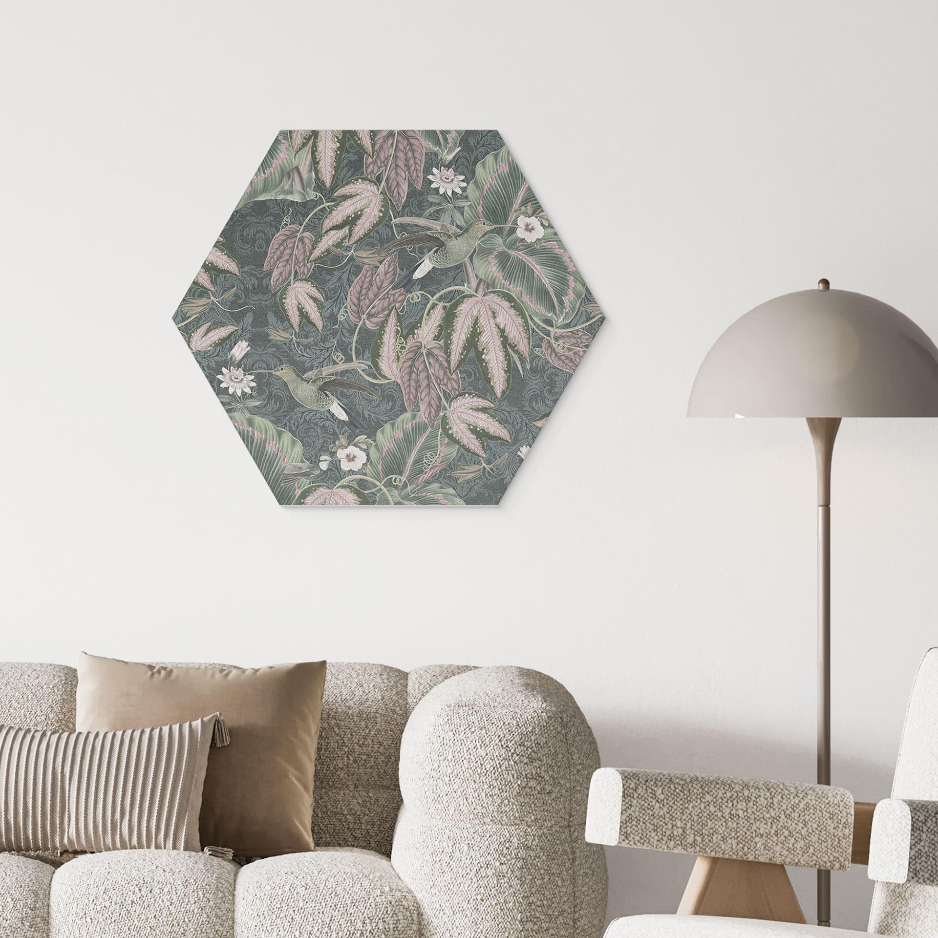 Sekskantet billede Kolibri i en tropisk skov - Bloomery Decor - Alu-Dibond