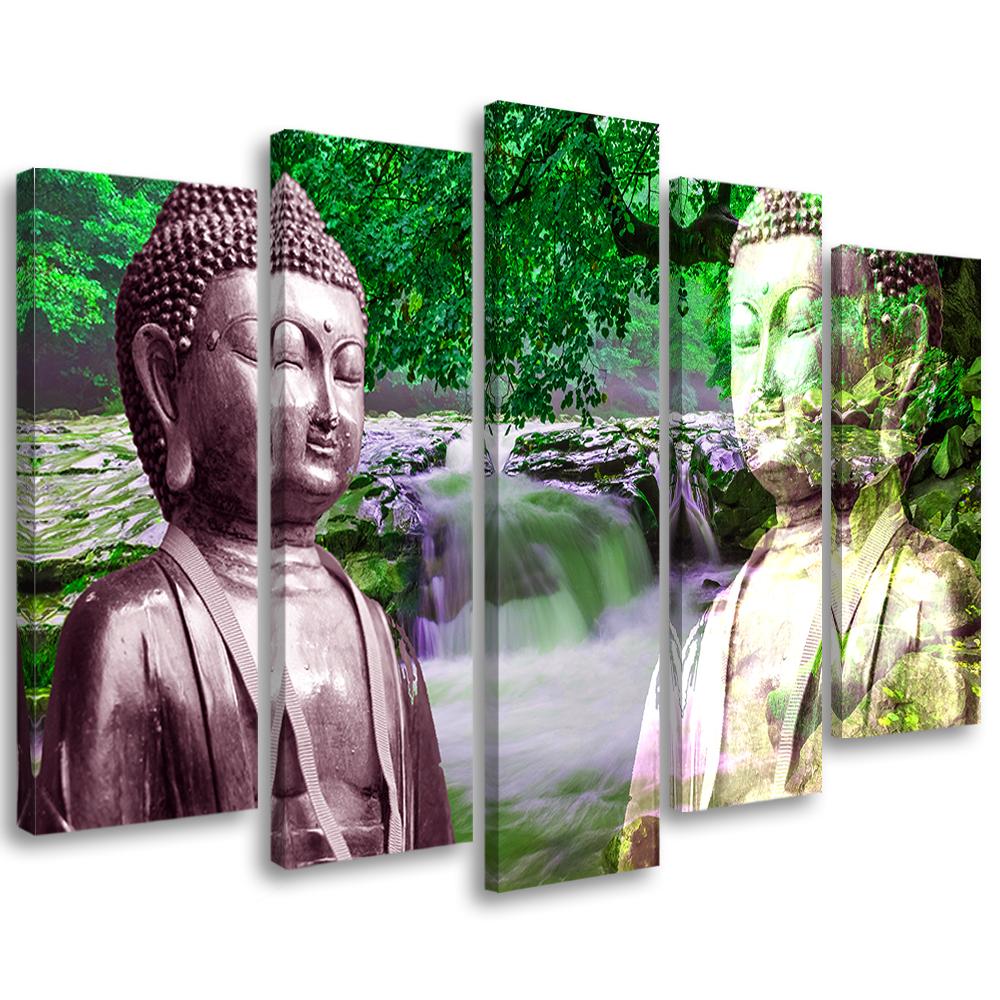 5 stykke lærred Print Buddha Waterfall Forest Green