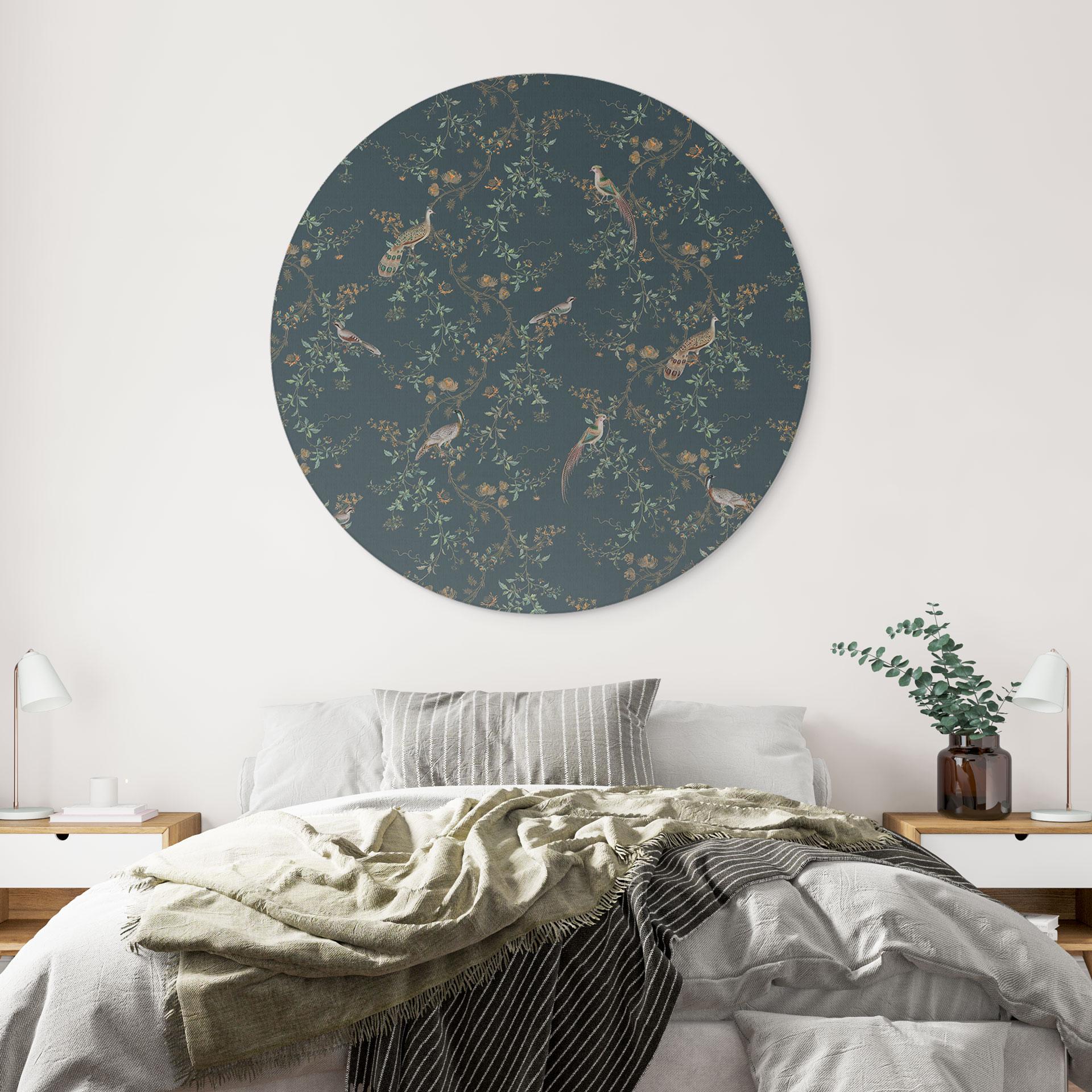 Billede af eksotiske fugle i skoven - Bloomery Decor - rund – print på aluminium (Alu-Dibond)