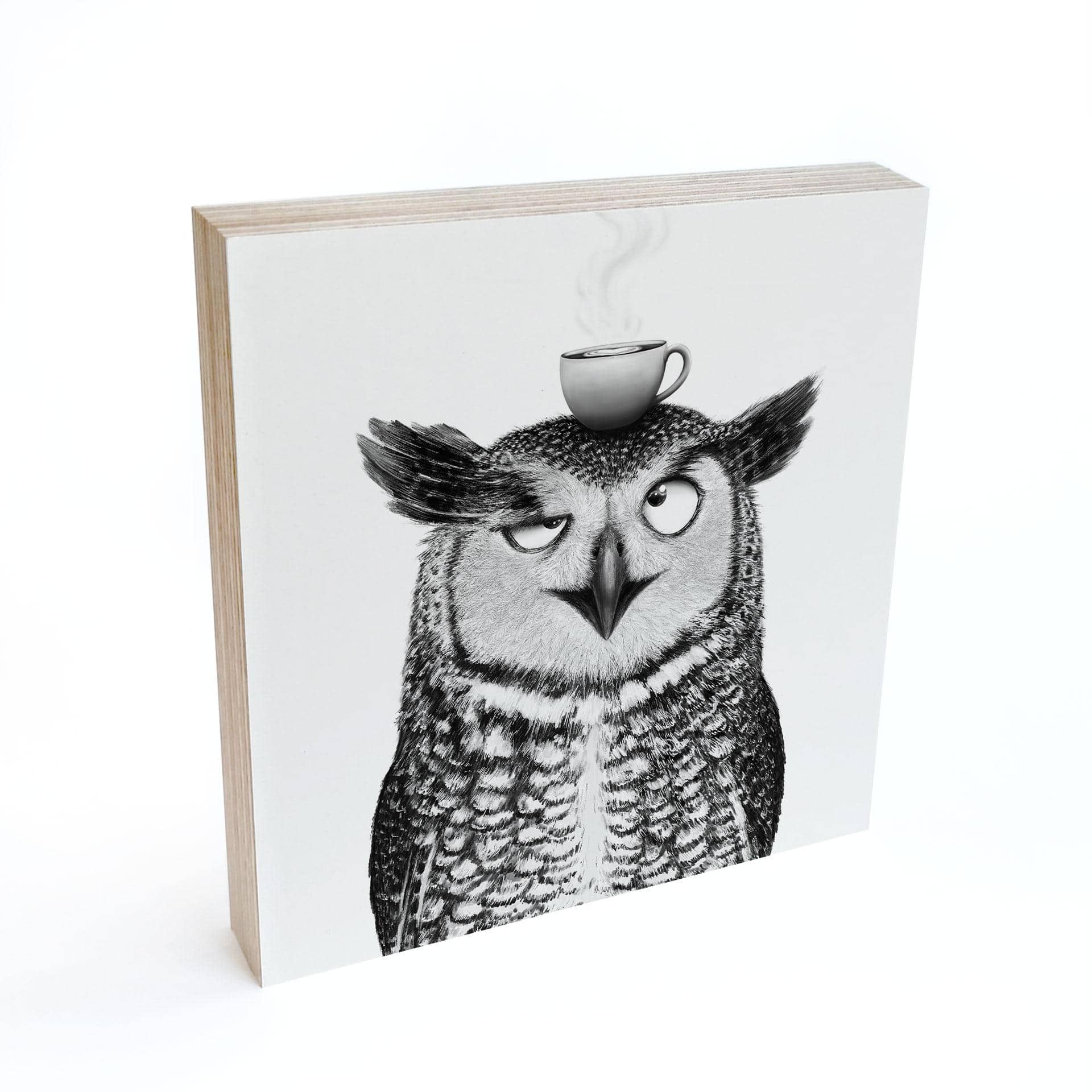 Tableau sur bois à poser - Hibou amusant avec café - Korenkova - 15x15 cm